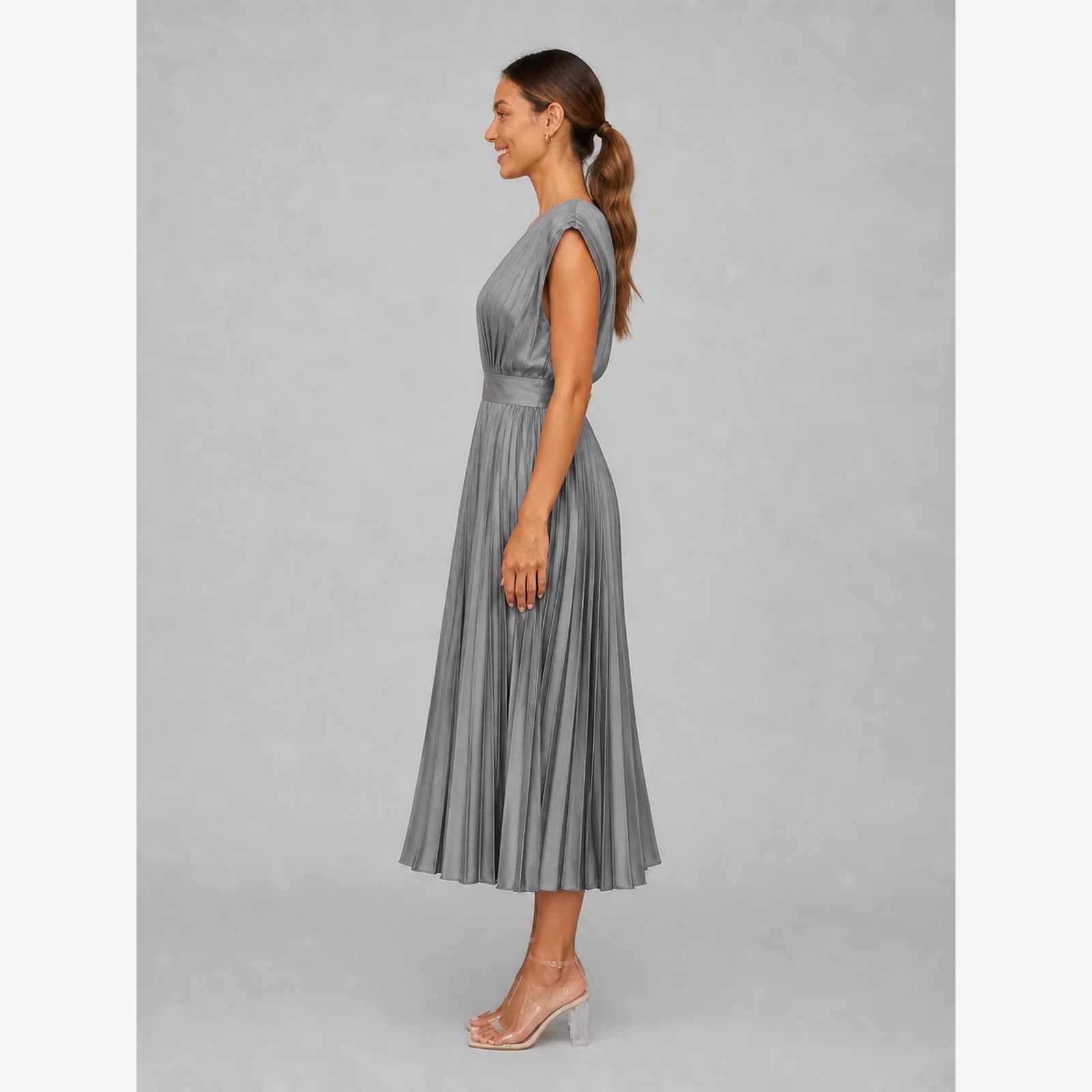 Winona Gray Pleated Midi Dress, view 3