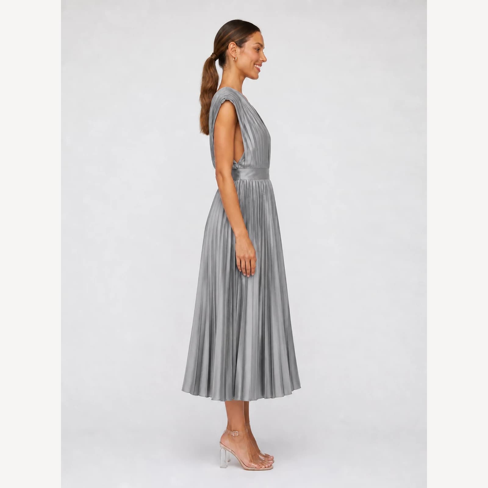 Winona Gray Pleated Midi Dress, view 4