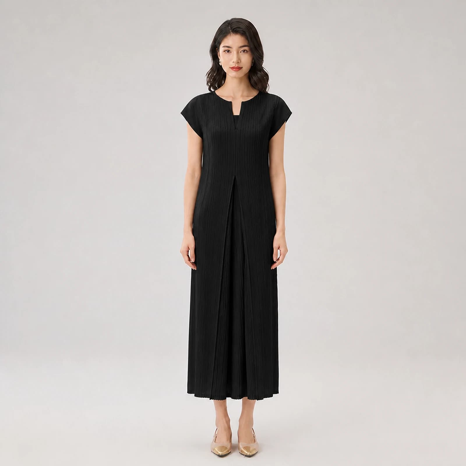 Winslet Black Pleated Midi Dress, view 1