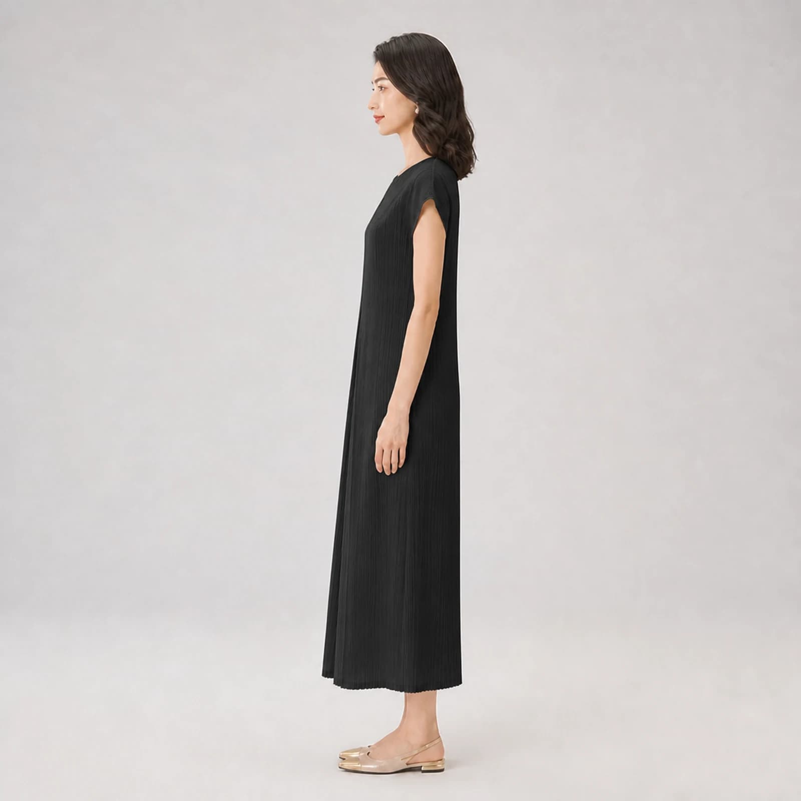 Winslet Black Pleated Midi Dress, view 3