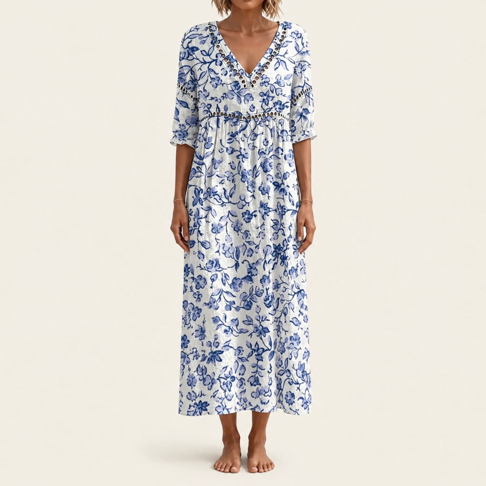 Winter Blue Porcelain Floral Maxi Dress