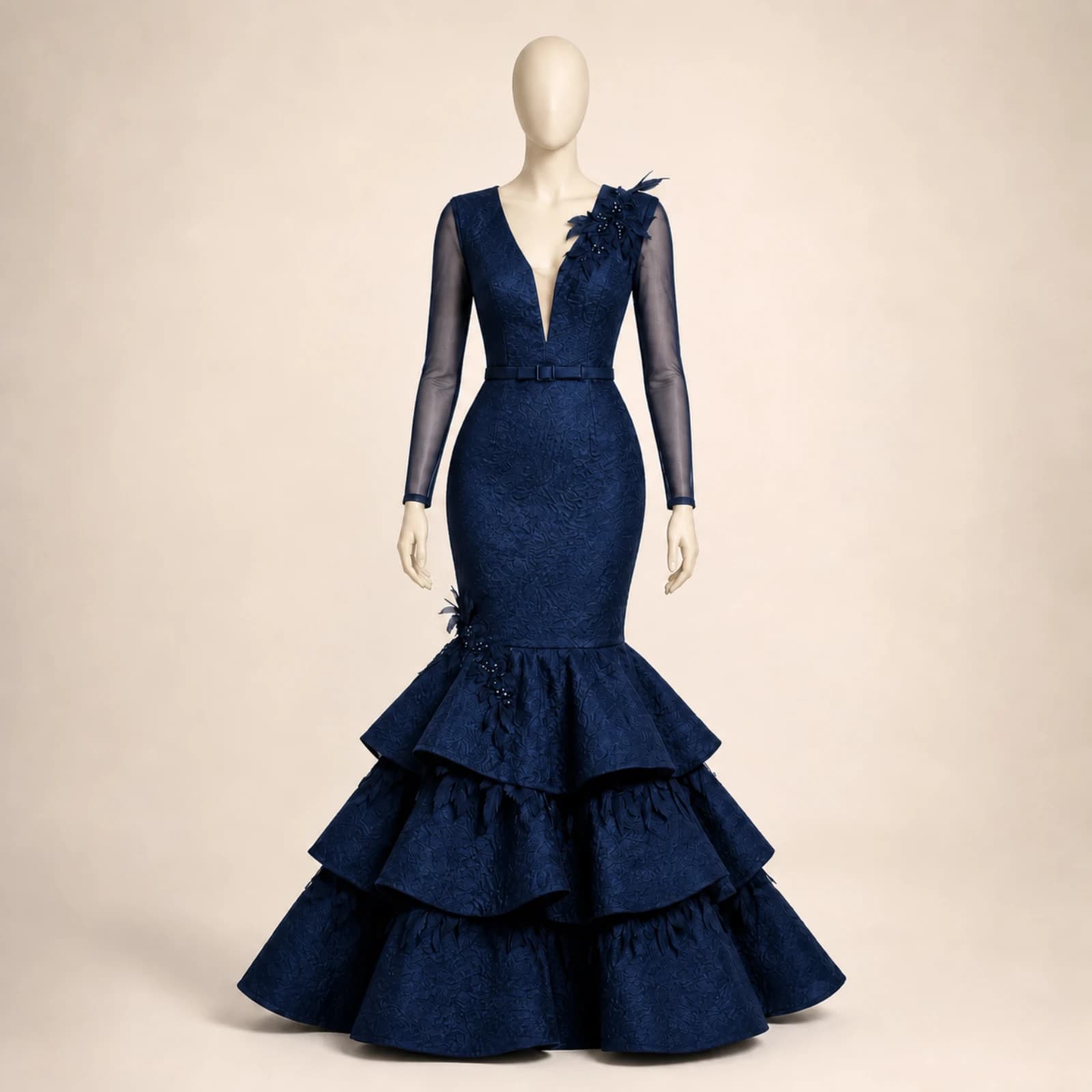 Xenia Navy Tiered Mermaid Gown, view 1