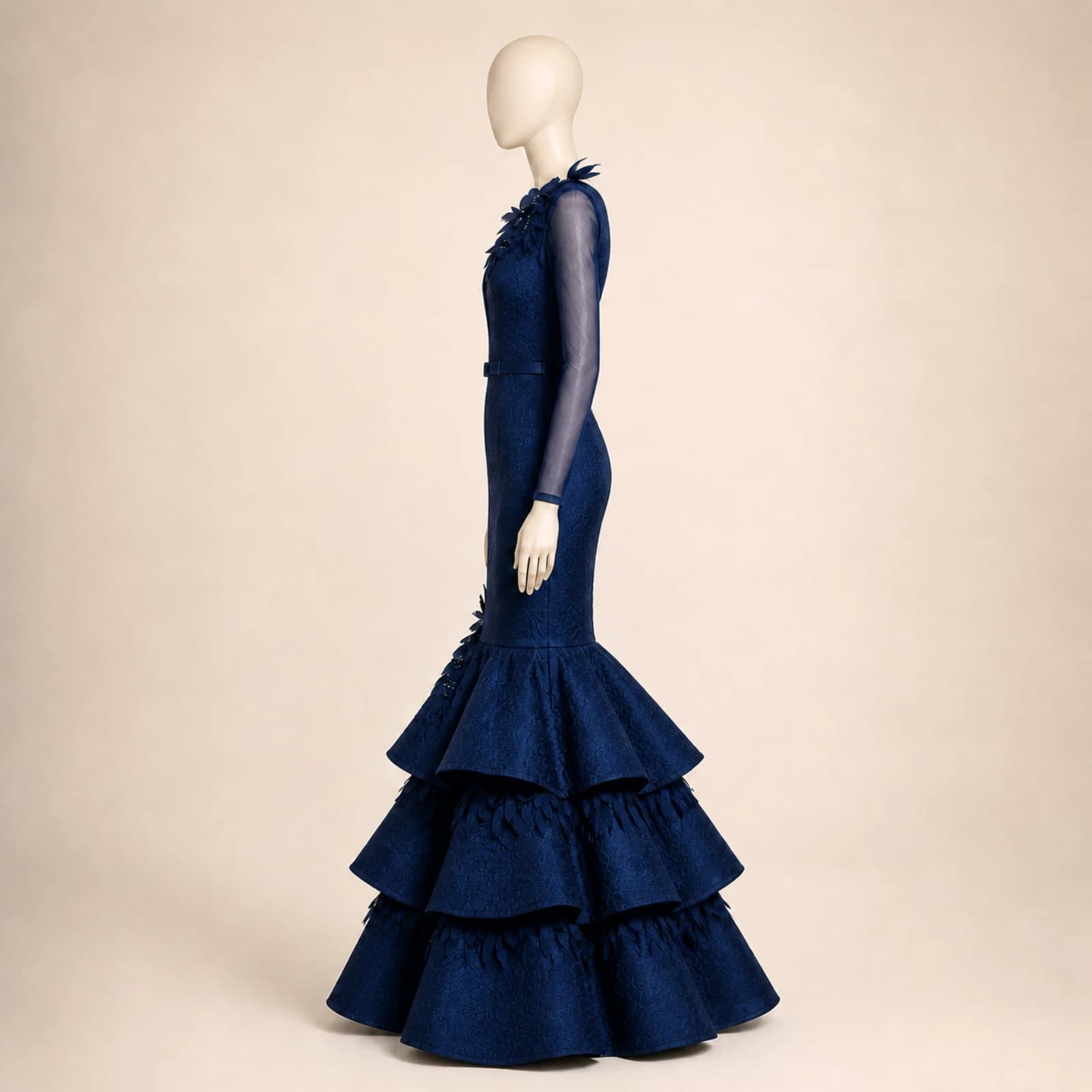 Xenia Navy Tiered Mermaid Gown, view 3