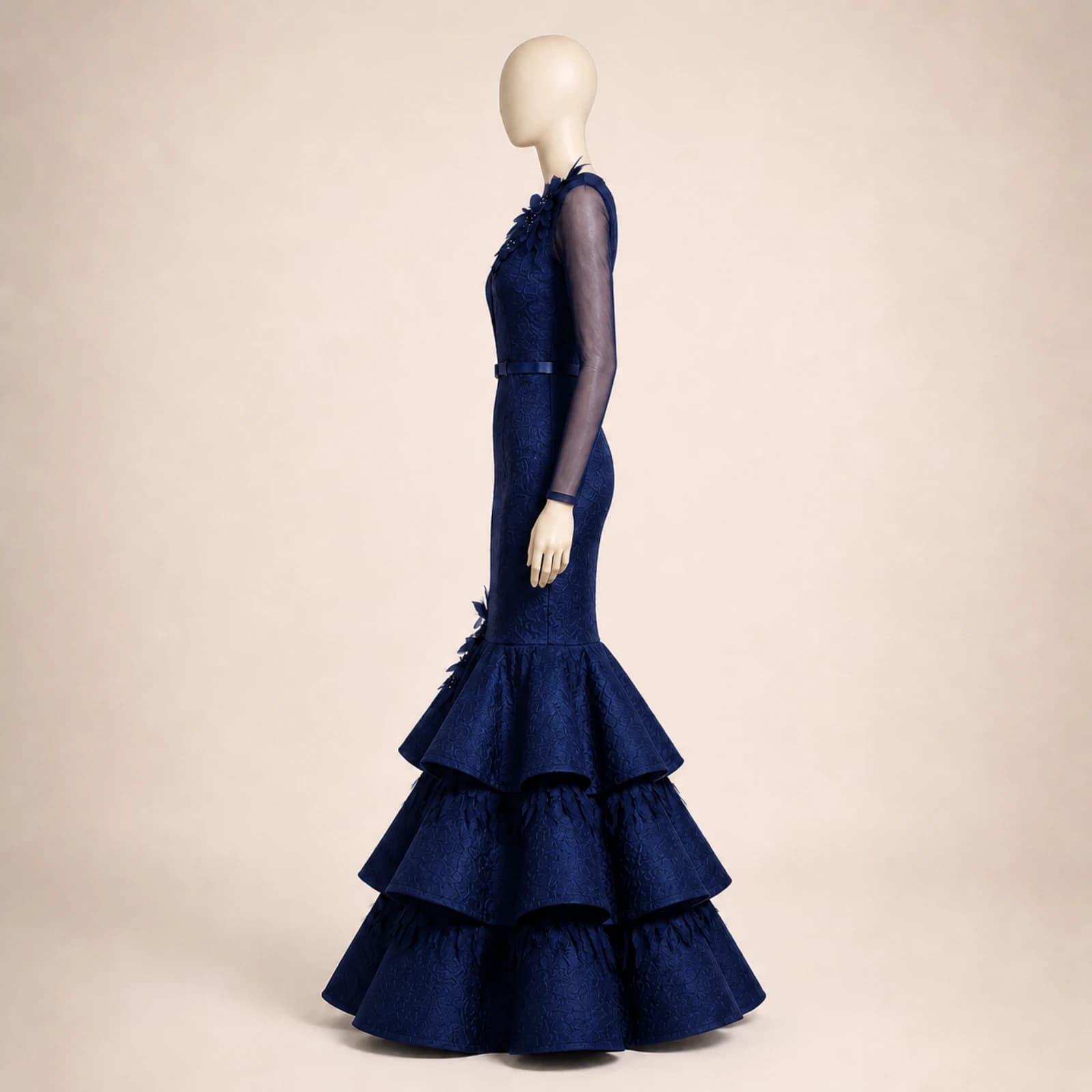 Xenia Navy Tiered Mermaid Gown, view 4