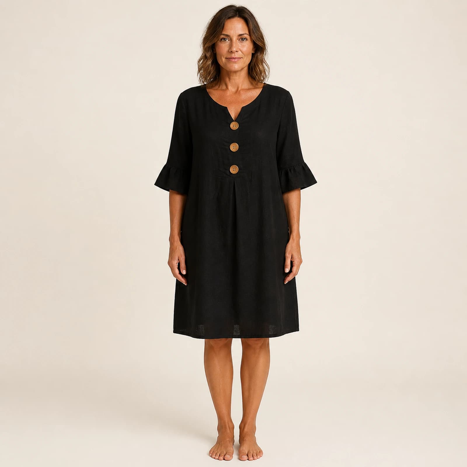 Yuna Black Linen Button Dress