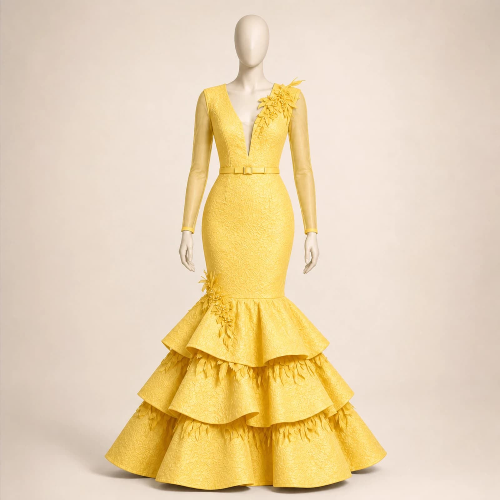 Yvette Yellow Tiered Mermaid Gown, view 1