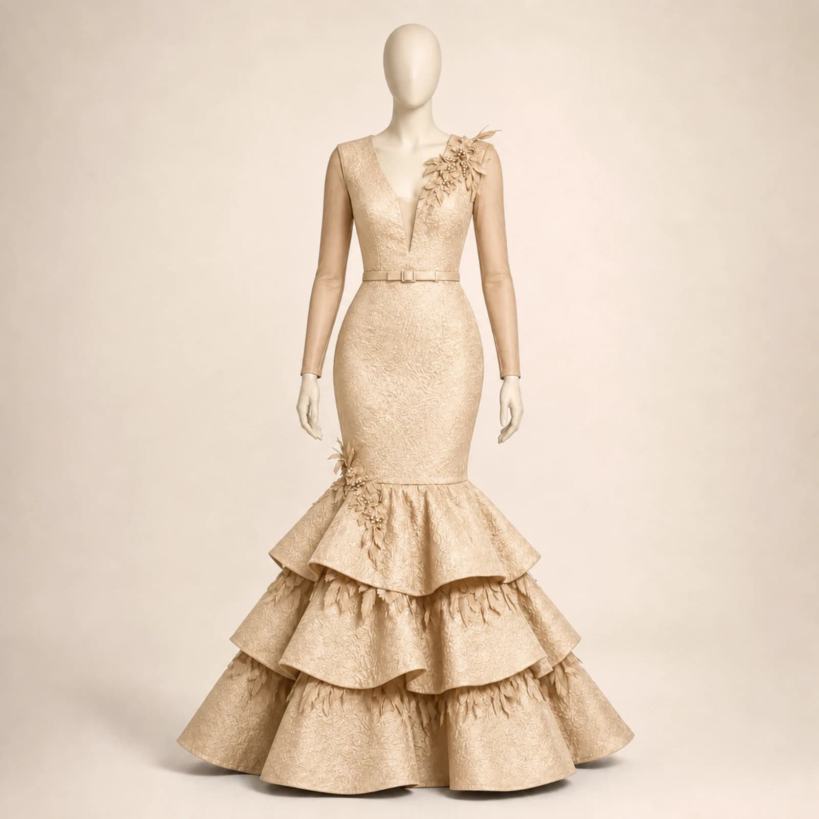 Zahara Champagne Tiered Mermaid Gown, view 1
