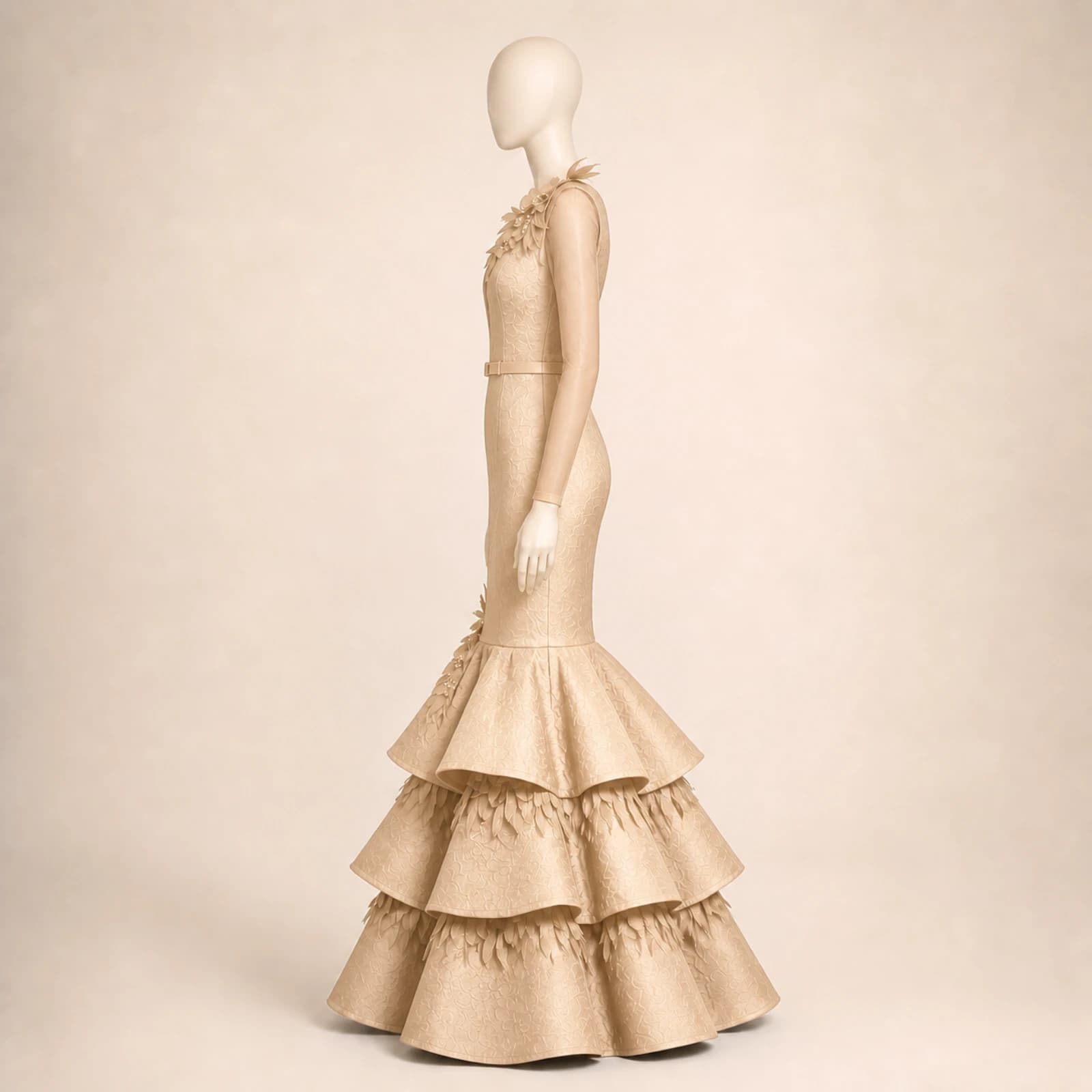Zahara Champagne Tiered Mermaid Gown, view 3