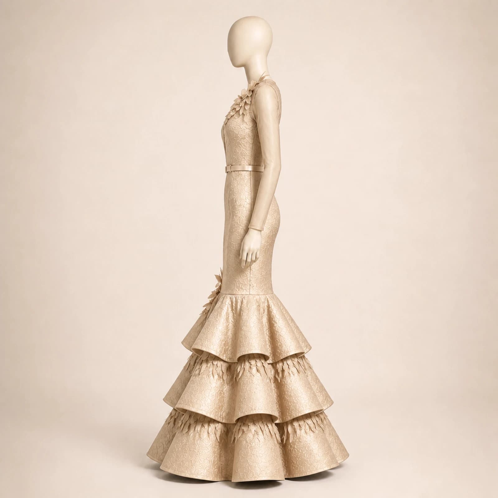 Zahara Champagne Tiered Mermaid Gown, view 4