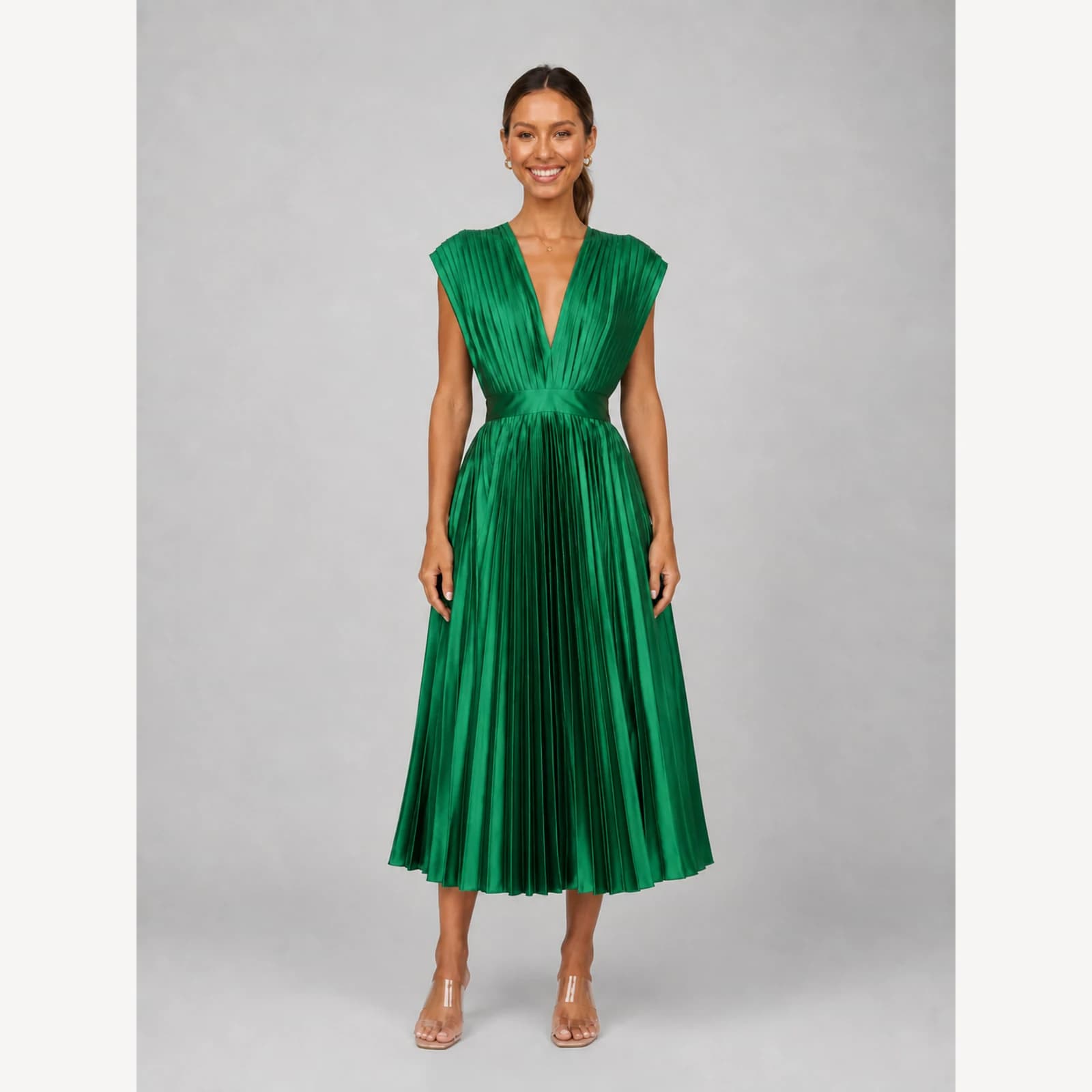 Zosia Green Pleated Midi Dress, view 1