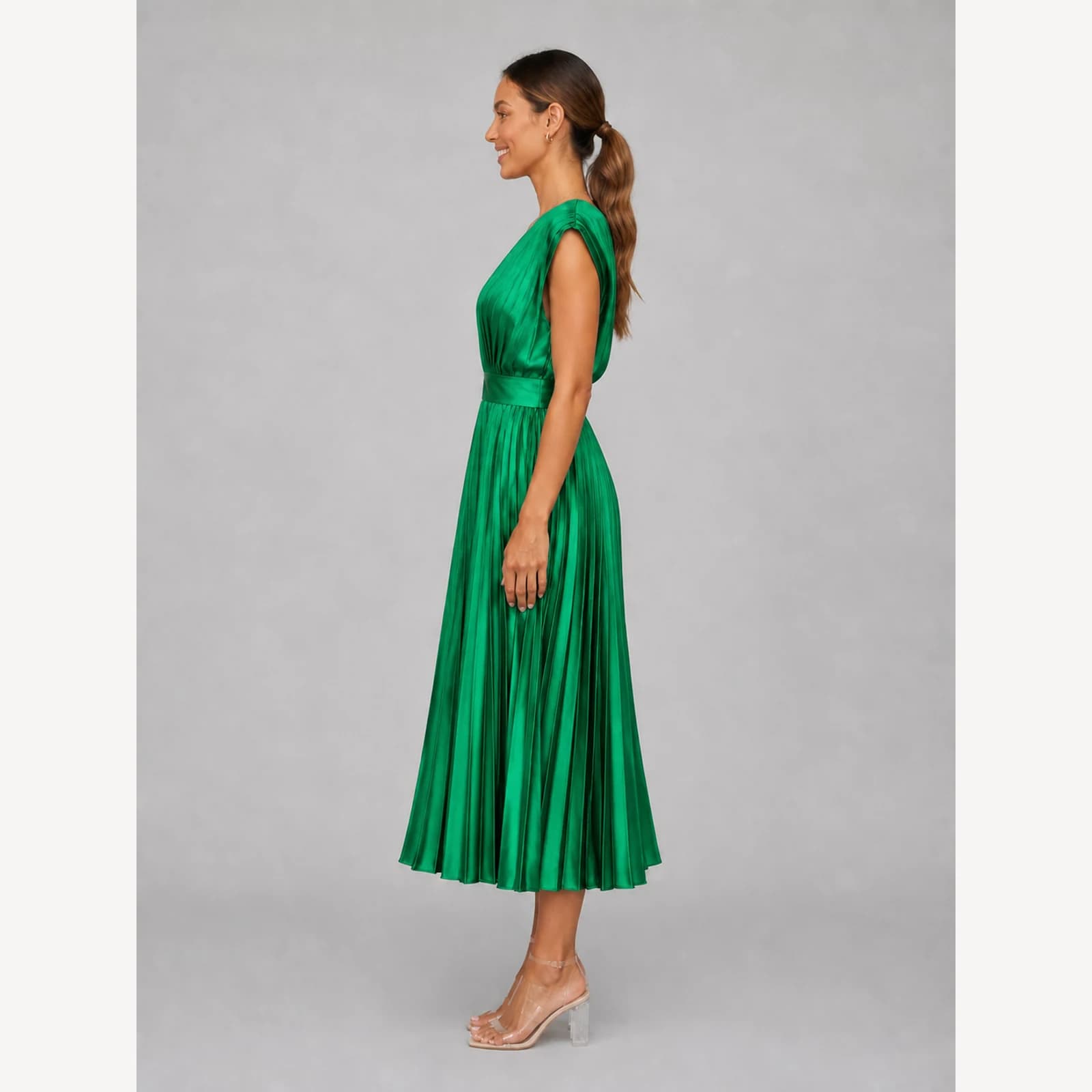 Zosia Green Pleated Midi Dress, view 3