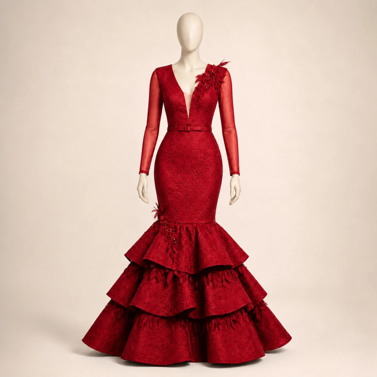 Alessandra Red Tiered Mermaid Gown, view 1