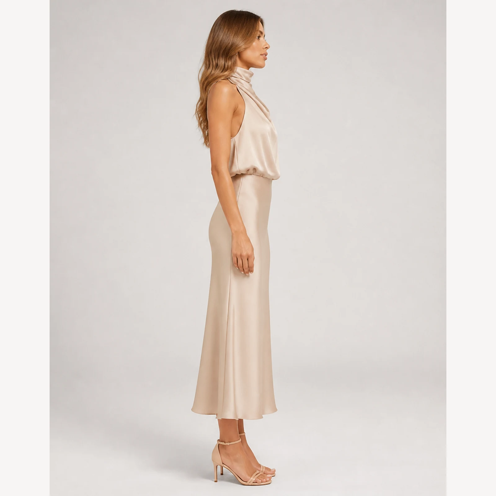 Amara Apricot Satin Midi Dress, view 4