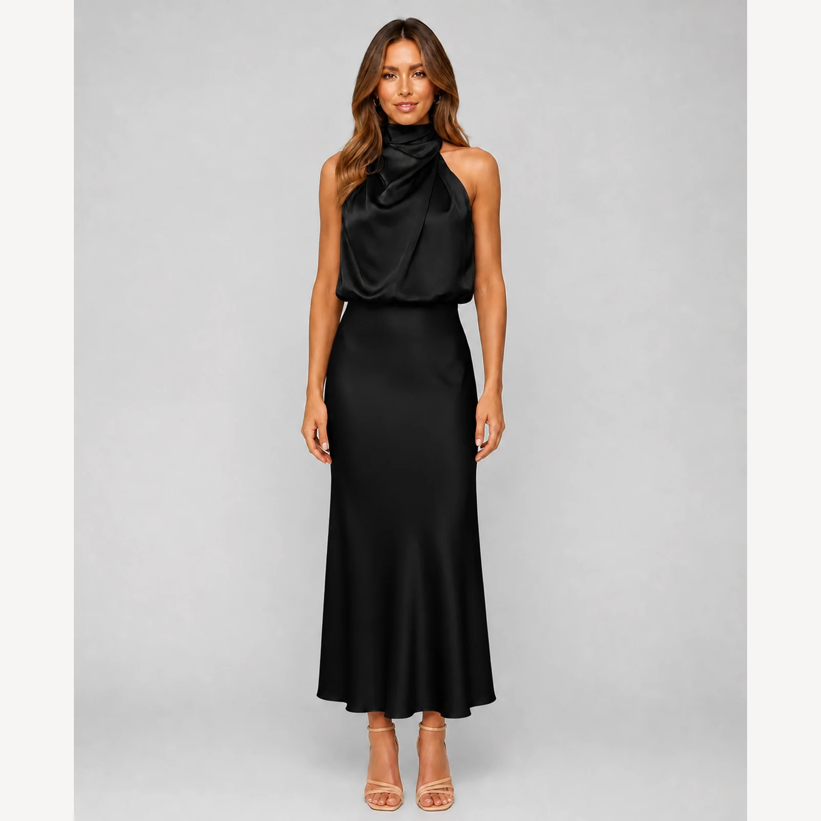 Bellamy Black Satin Midi Dress, view 1