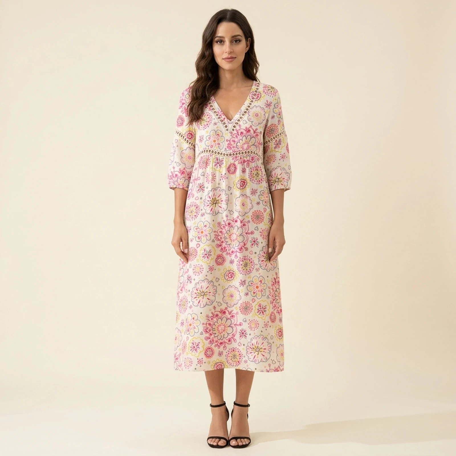 Blush V-Neck Print Midi Dress, view 1