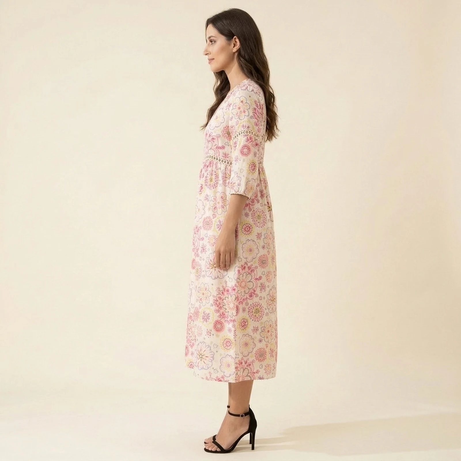 Blush V-Neck Print Midi Dress, view 3