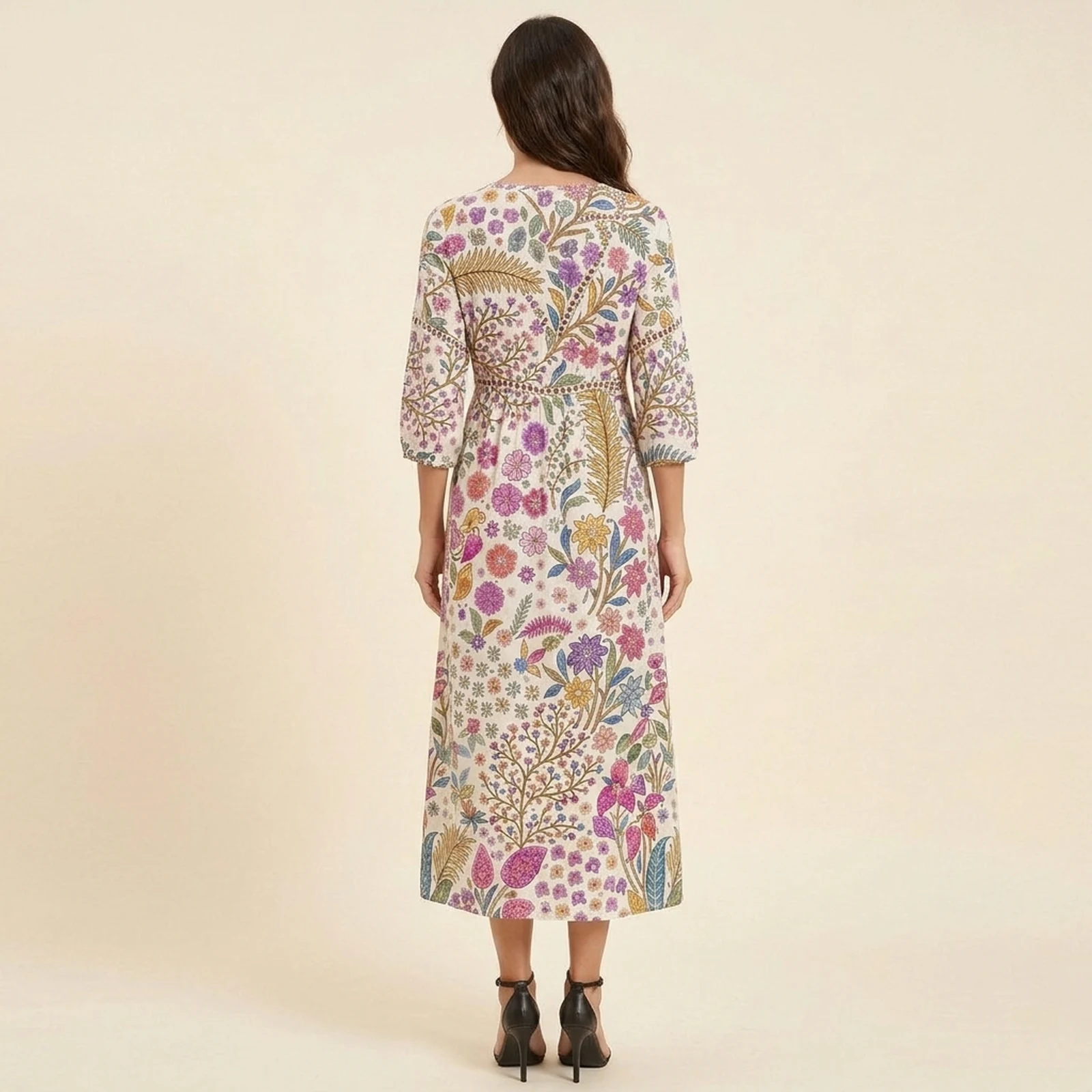 Boho V-Neck Print Midi Dress, view 2