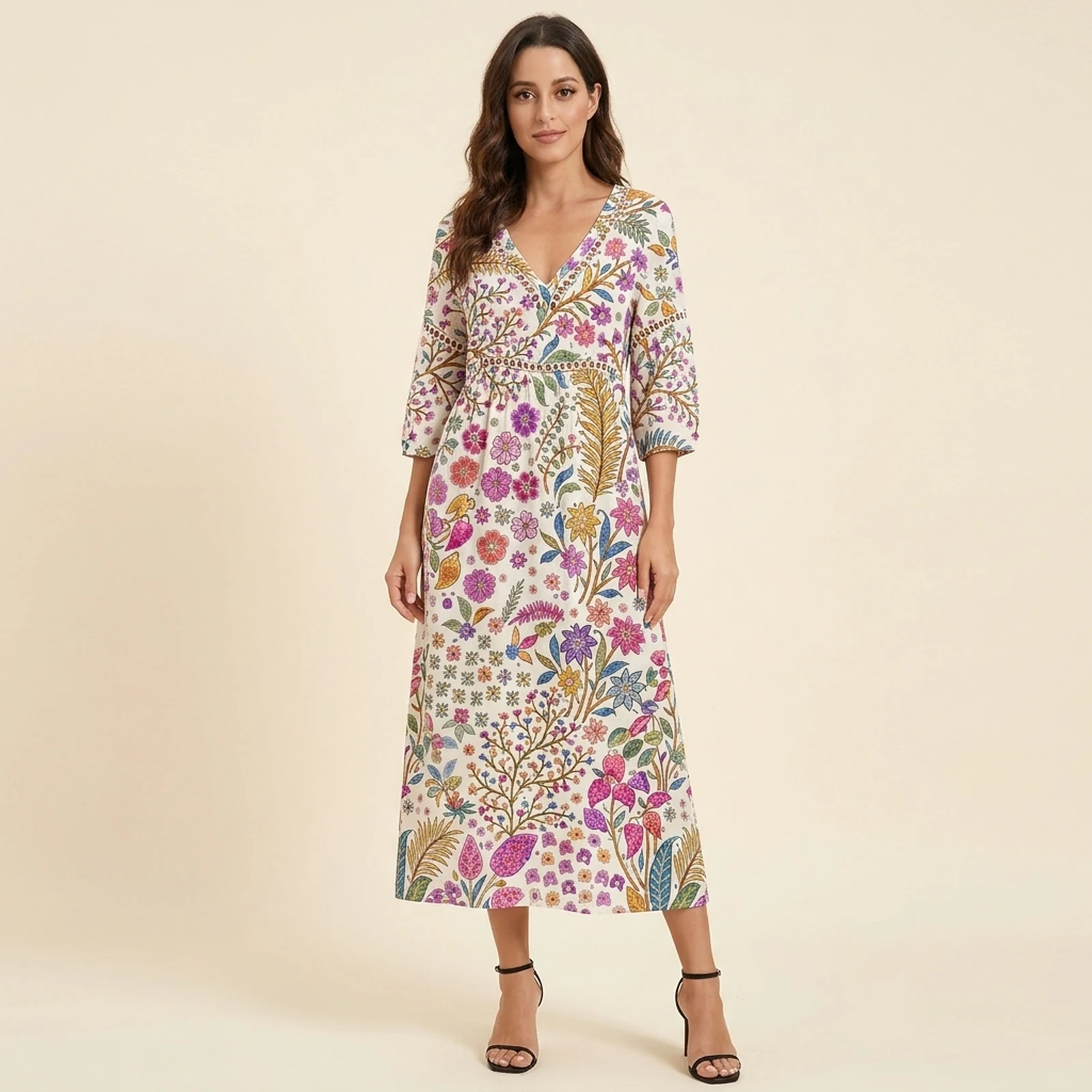 Boho V-Neck Print Midi Dress, view 1