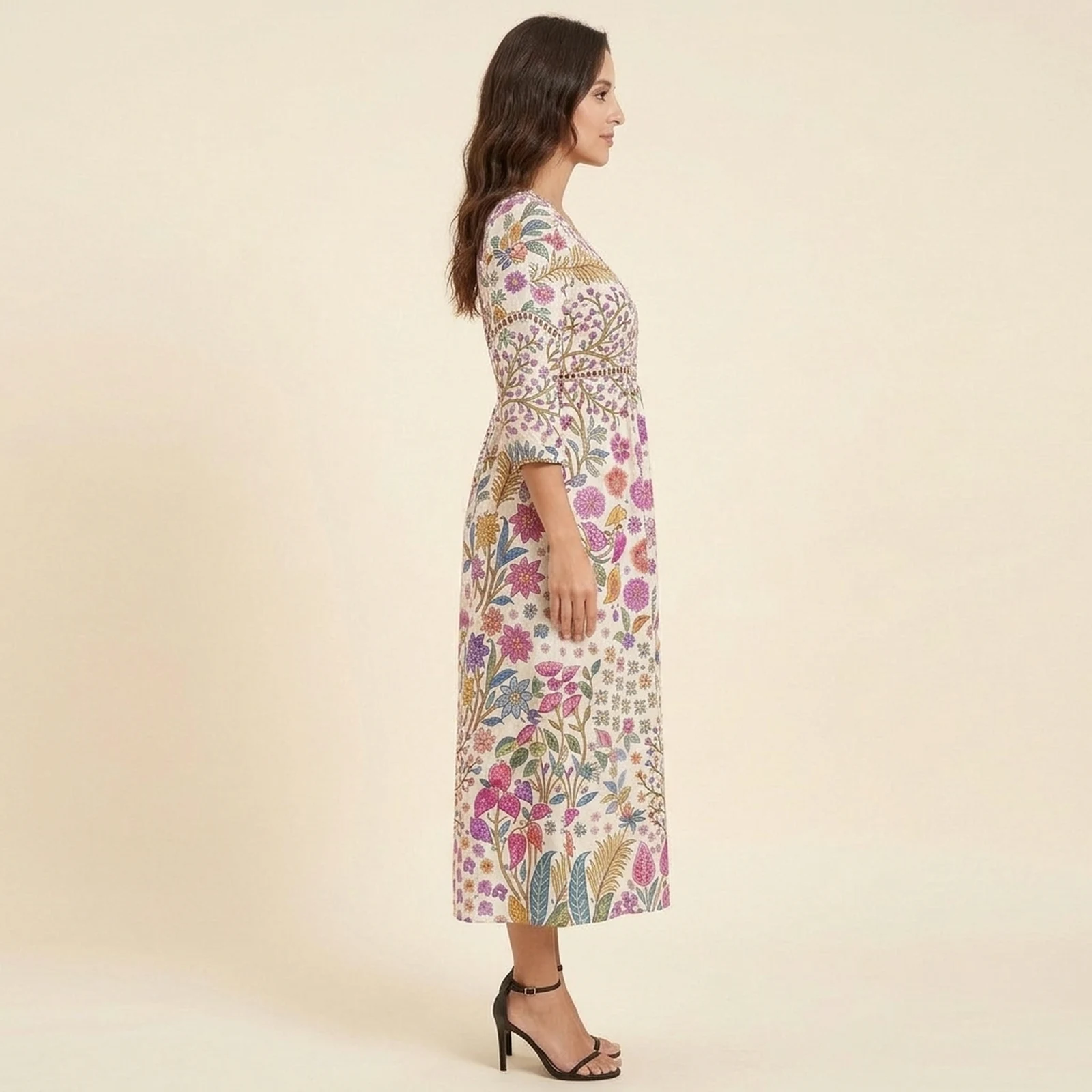 Boho V-Neck Print Midi Dress, view 3