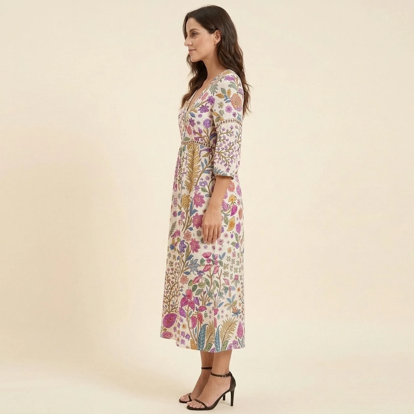 Boho V-Neck Print Midi Dress, view 4