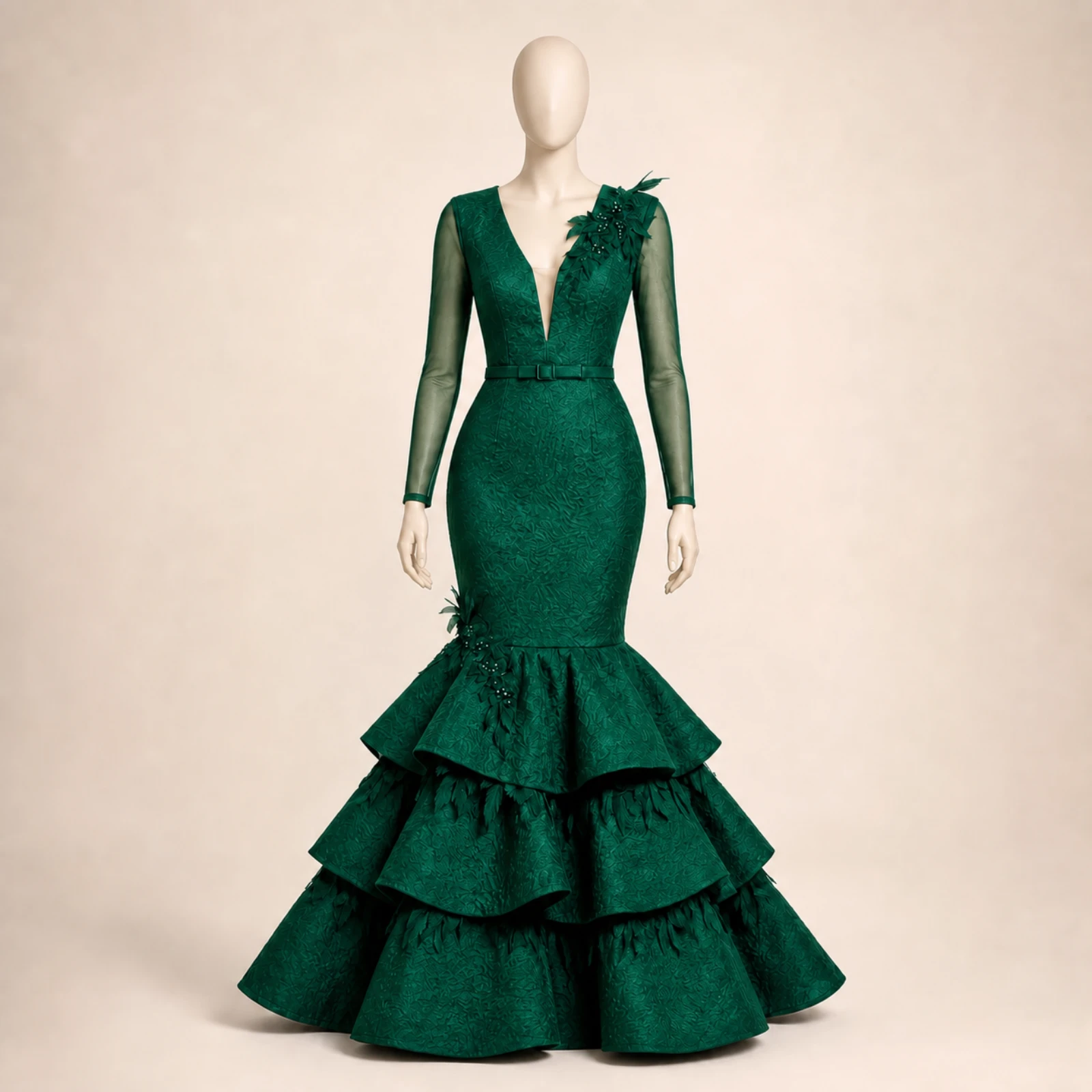 Briseis Green Tiered Mermaid Gown, view 1