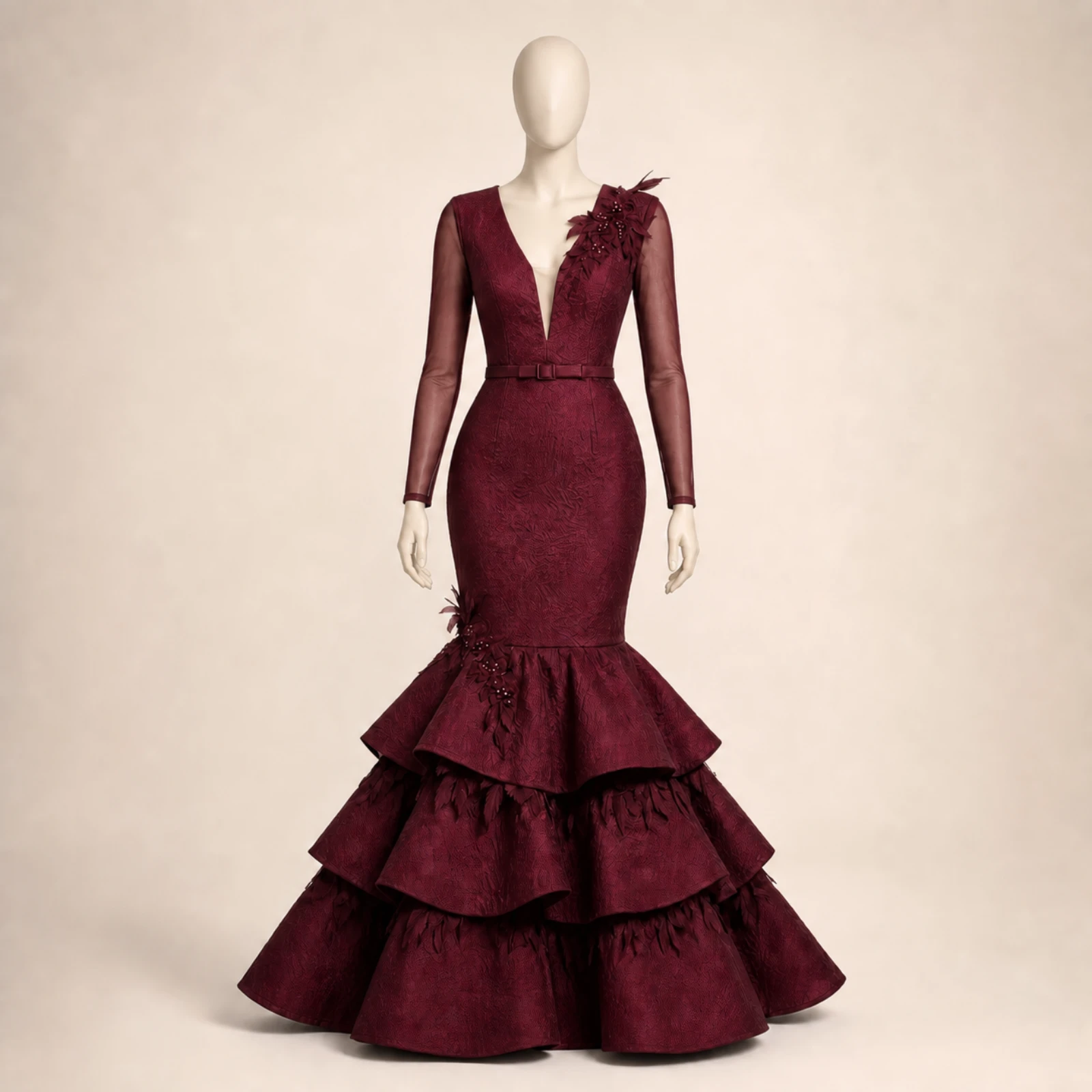 Cordelia Burgundy Tiered Mermaid Gown, view 1