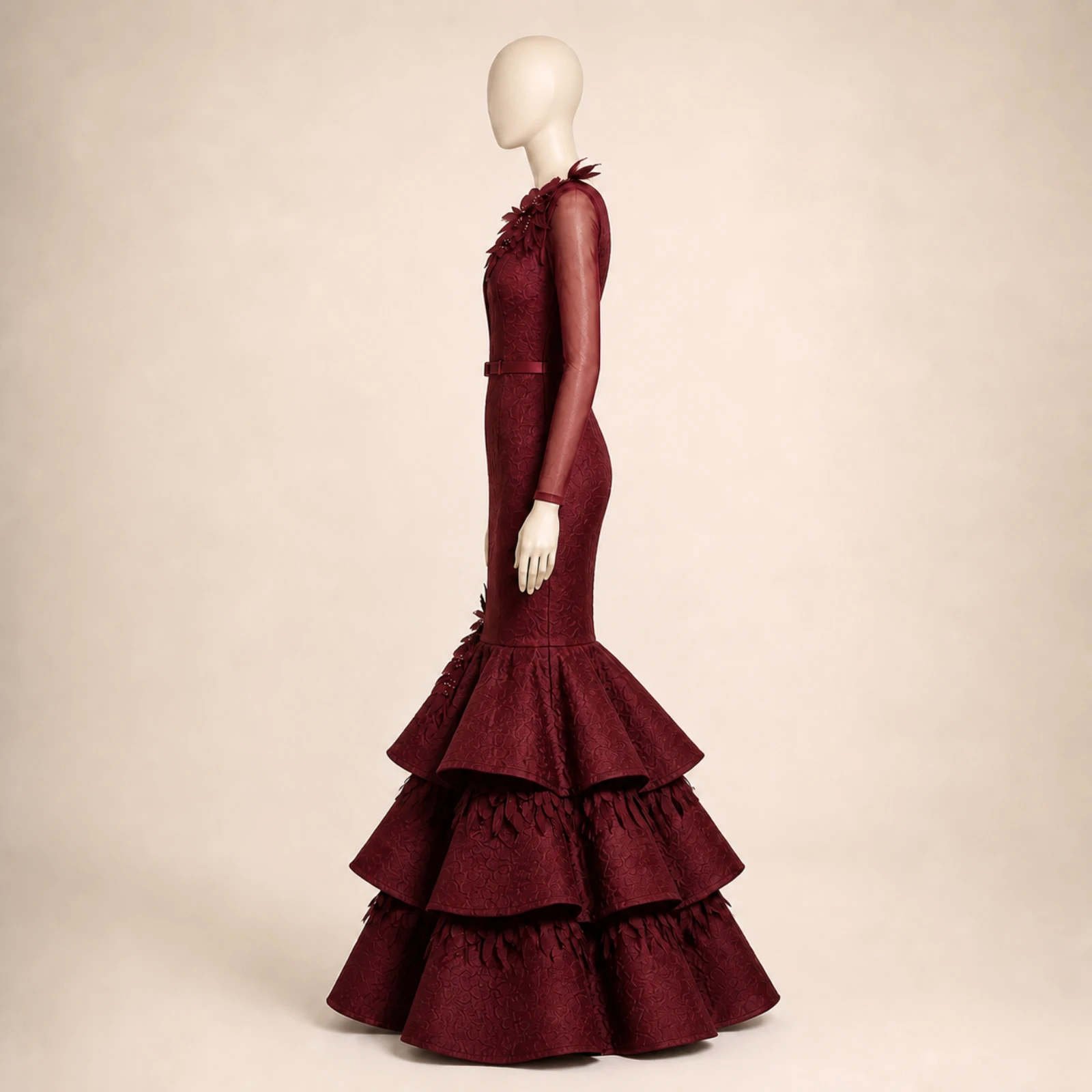 Cordelia Burgundy Tiered Mermaid Gown, view 3