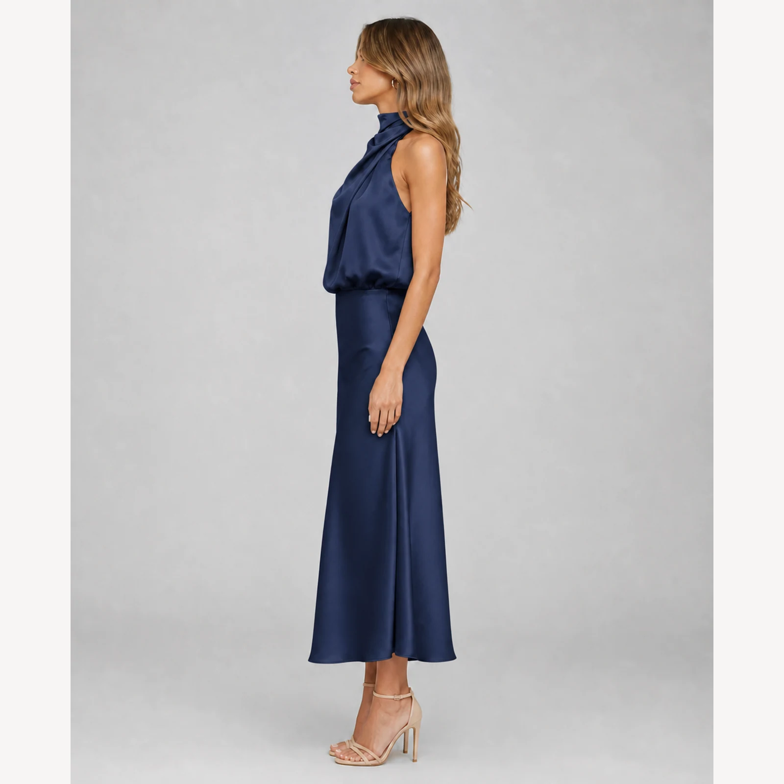 Davina Navy Satin Midi Dress, view 3