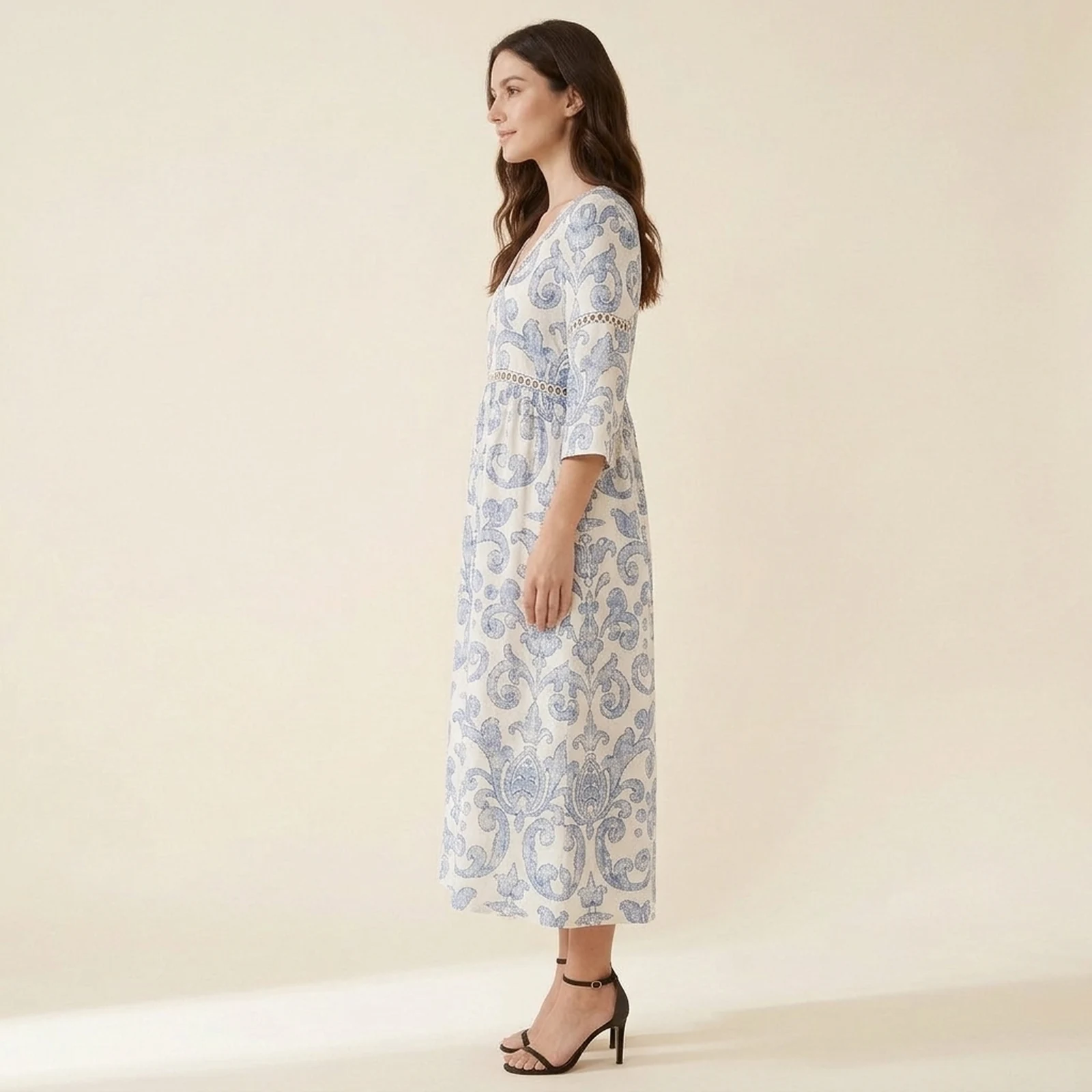 Delft V-Neck Print Midi Dress, view 3