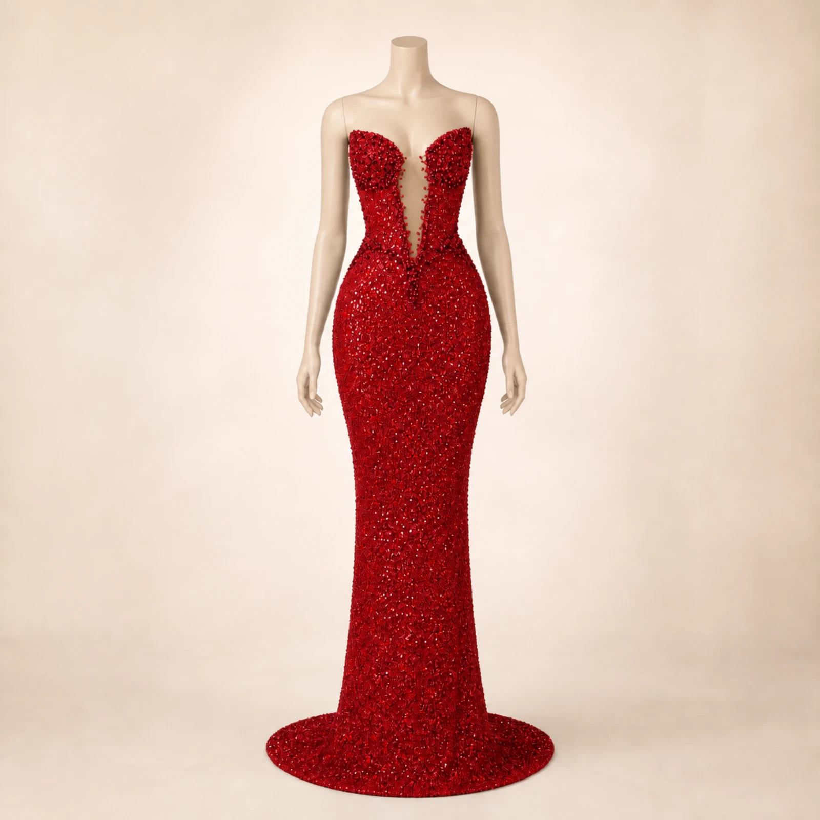 Delphine Red Crystal Mermaid Gown, view 1