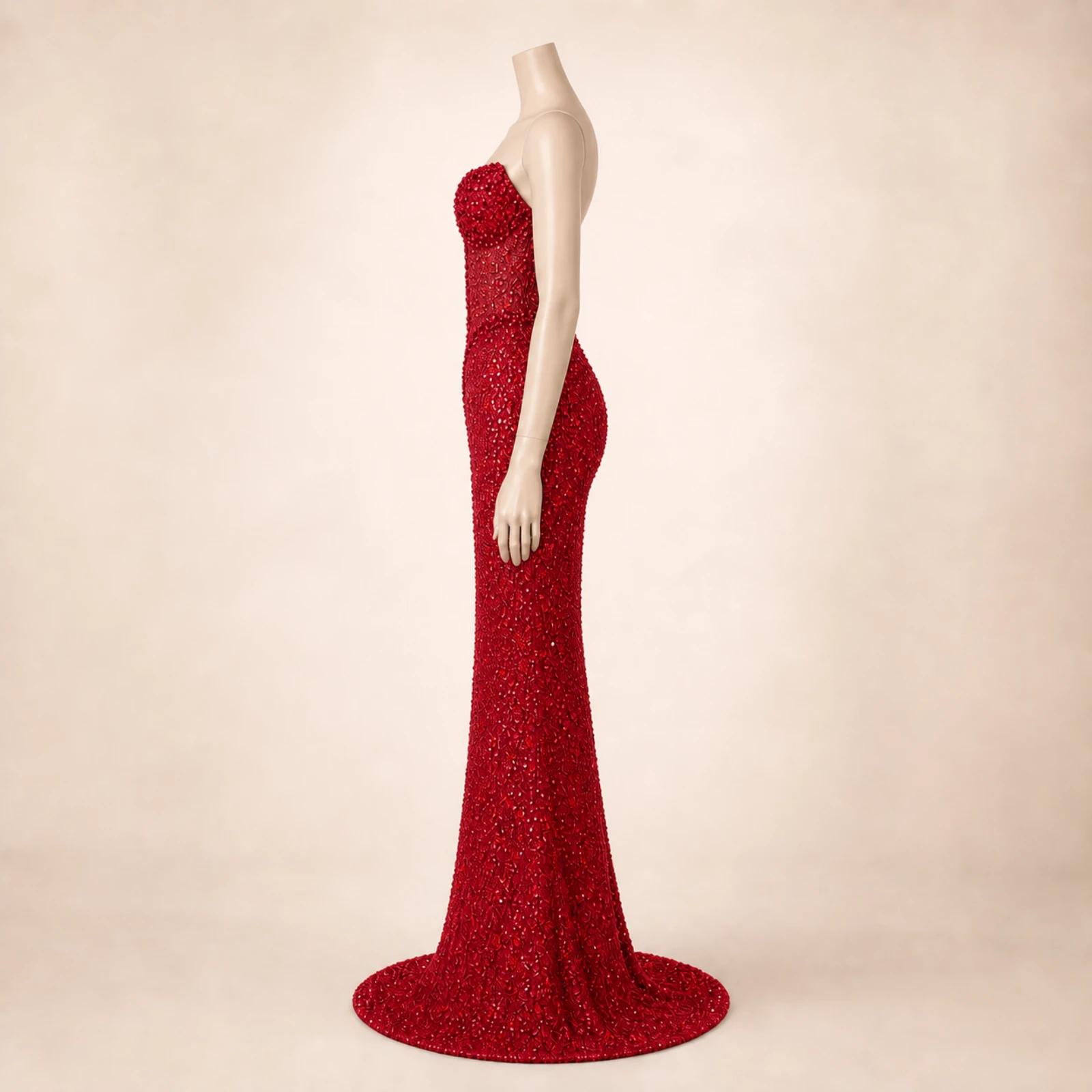 Delphine Red Crystal Mermaid Gown, view 4