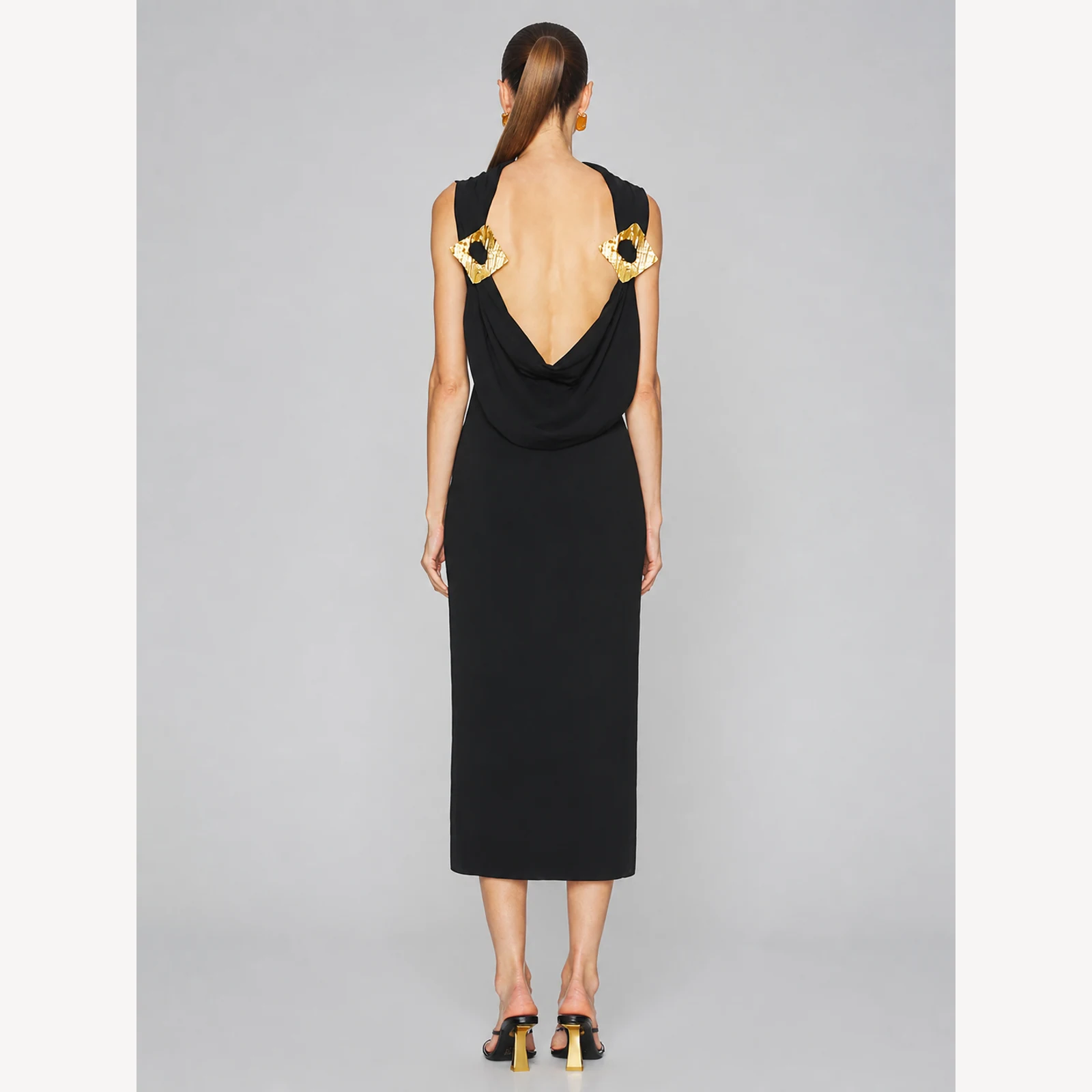 Desirae Black Draped Midi Dress, view 2