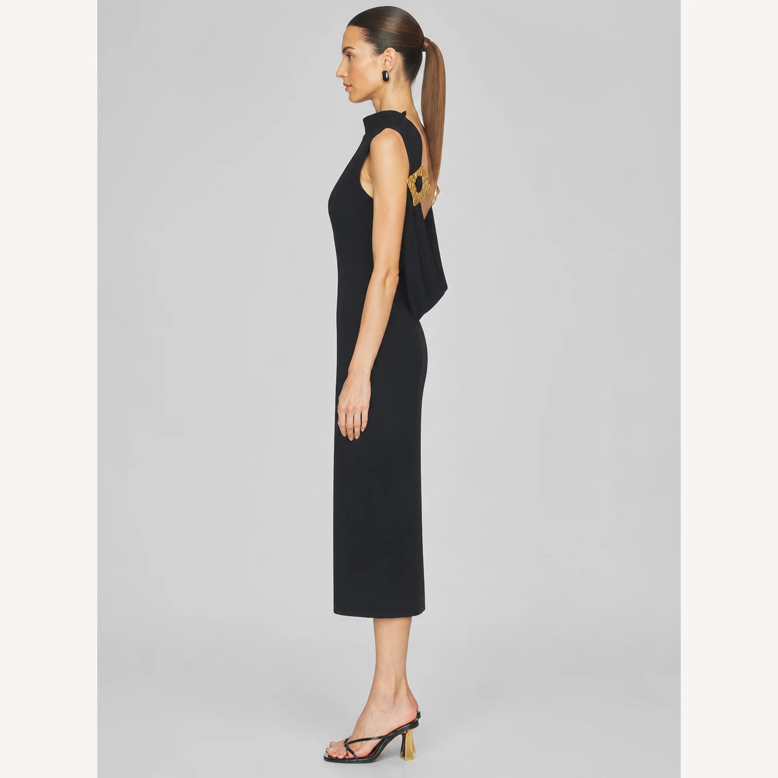 Desirae Black Draped Midi Dress, view 3