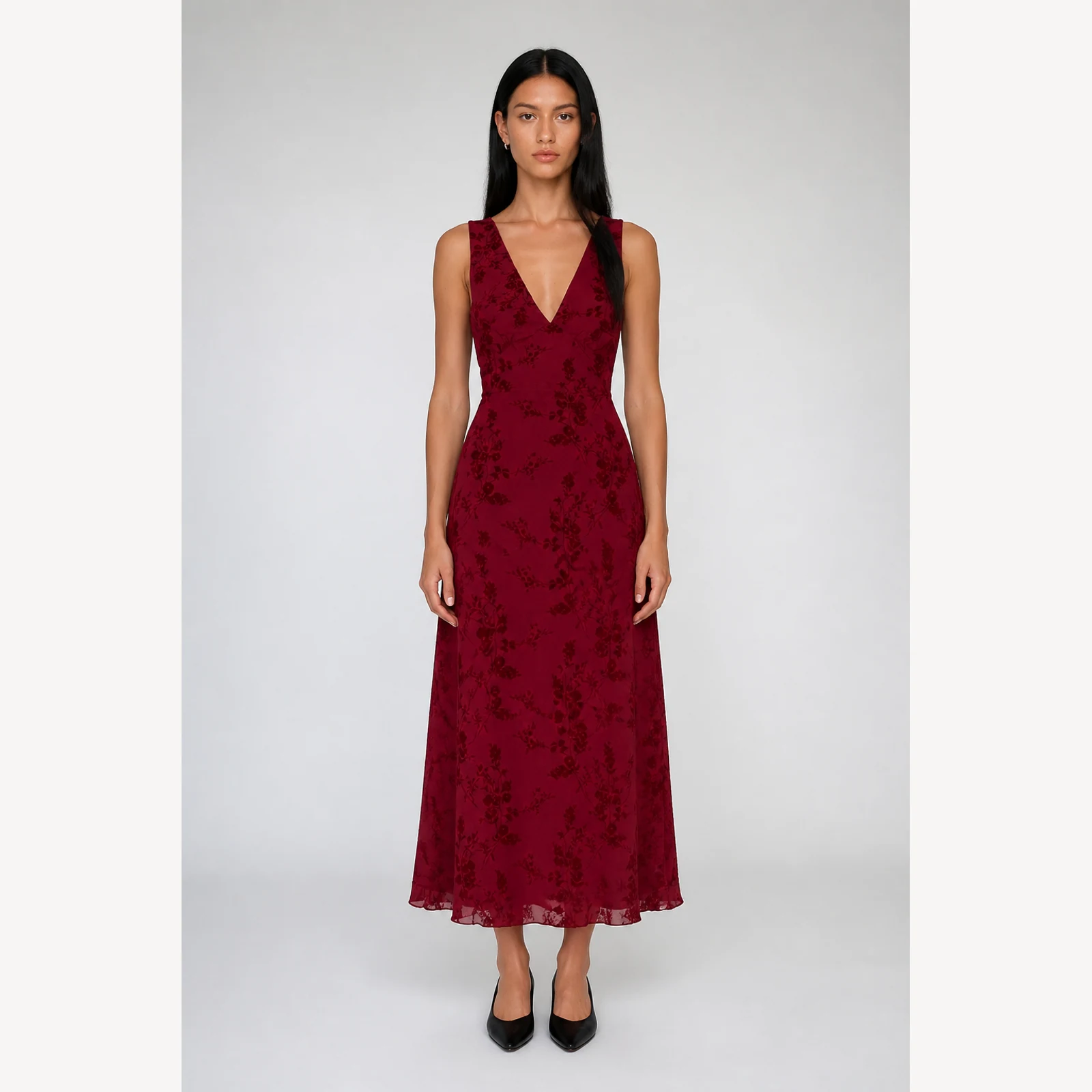 Elara Claret Print Maxi Dress, view 1