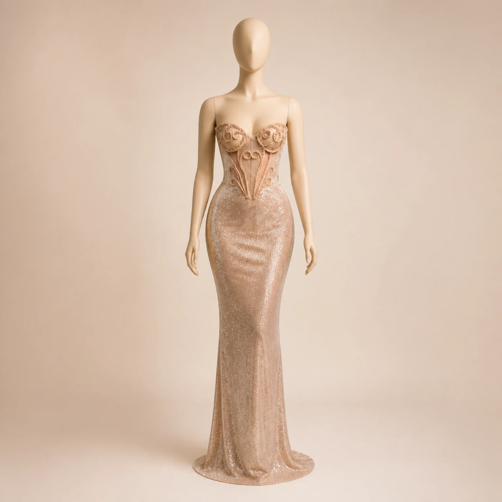 Elowen Champagne Corset Mermaid Gown, view 1