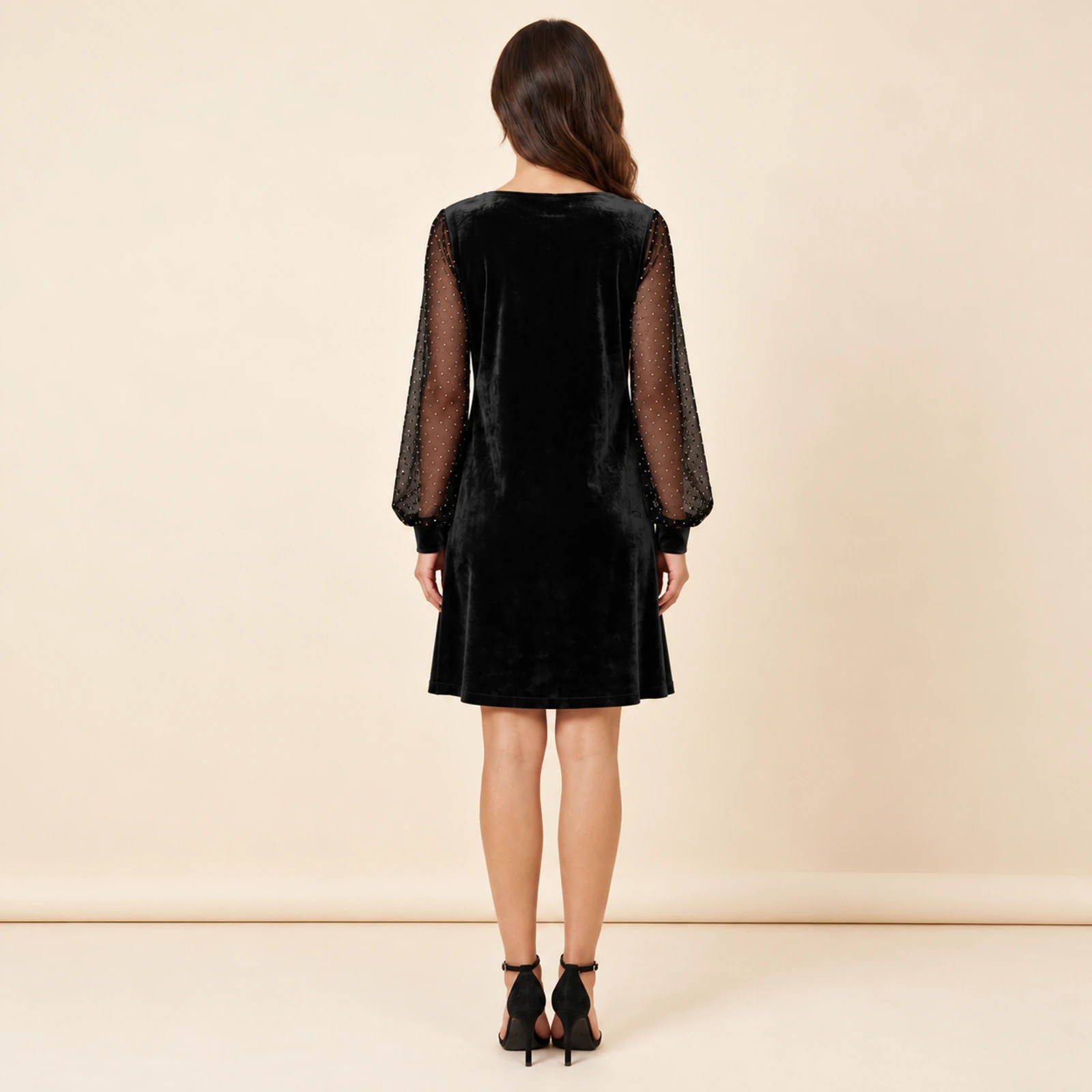 Elowyn Embellished Sleeve Mini Dress — Black, view 2