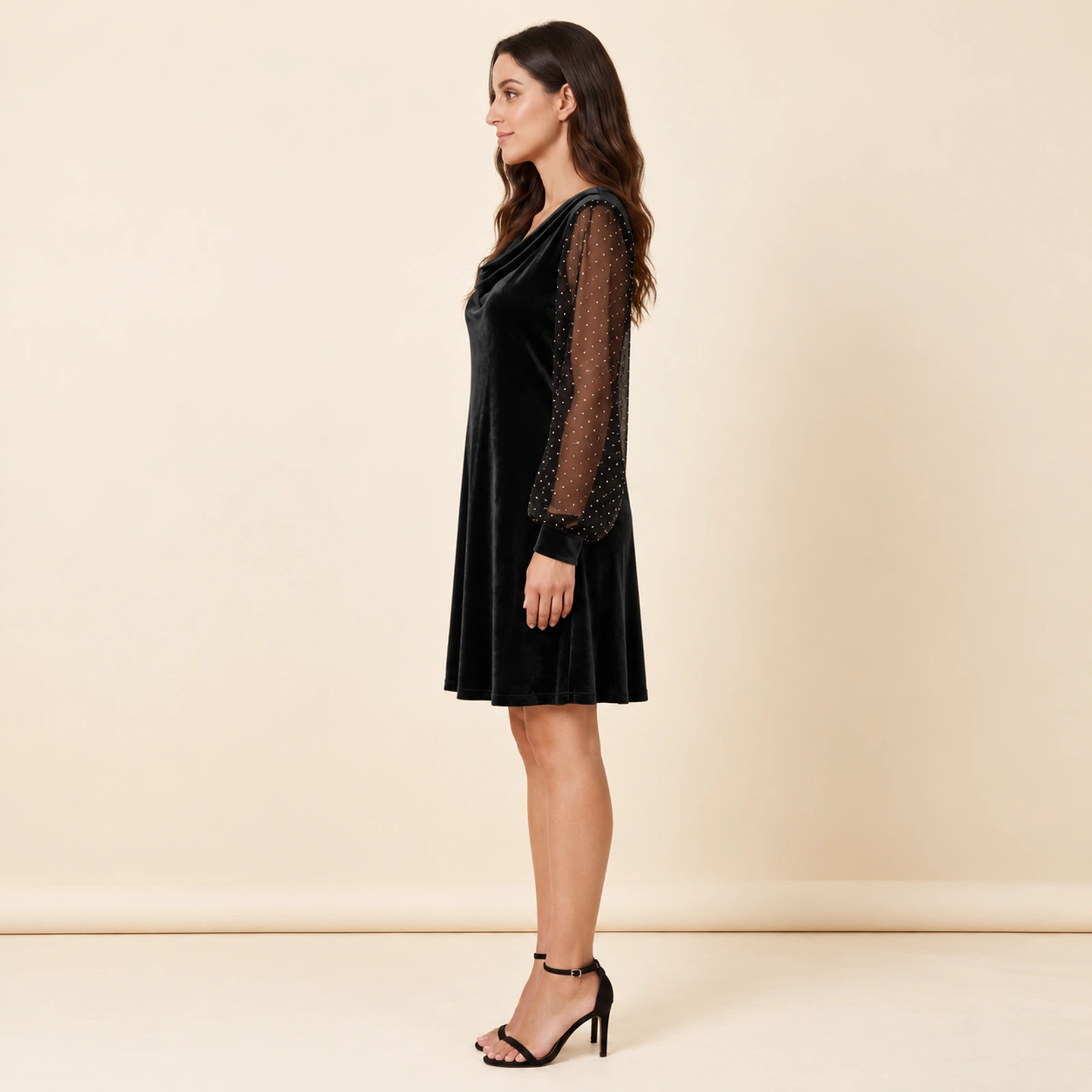 Elowyn Embellished Sleeve Mini Dress — Black, view 3