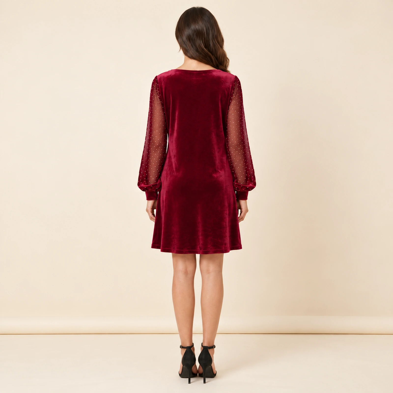 Elowyn Embellished Sleeve Mini Dress — Burgundy, view 2