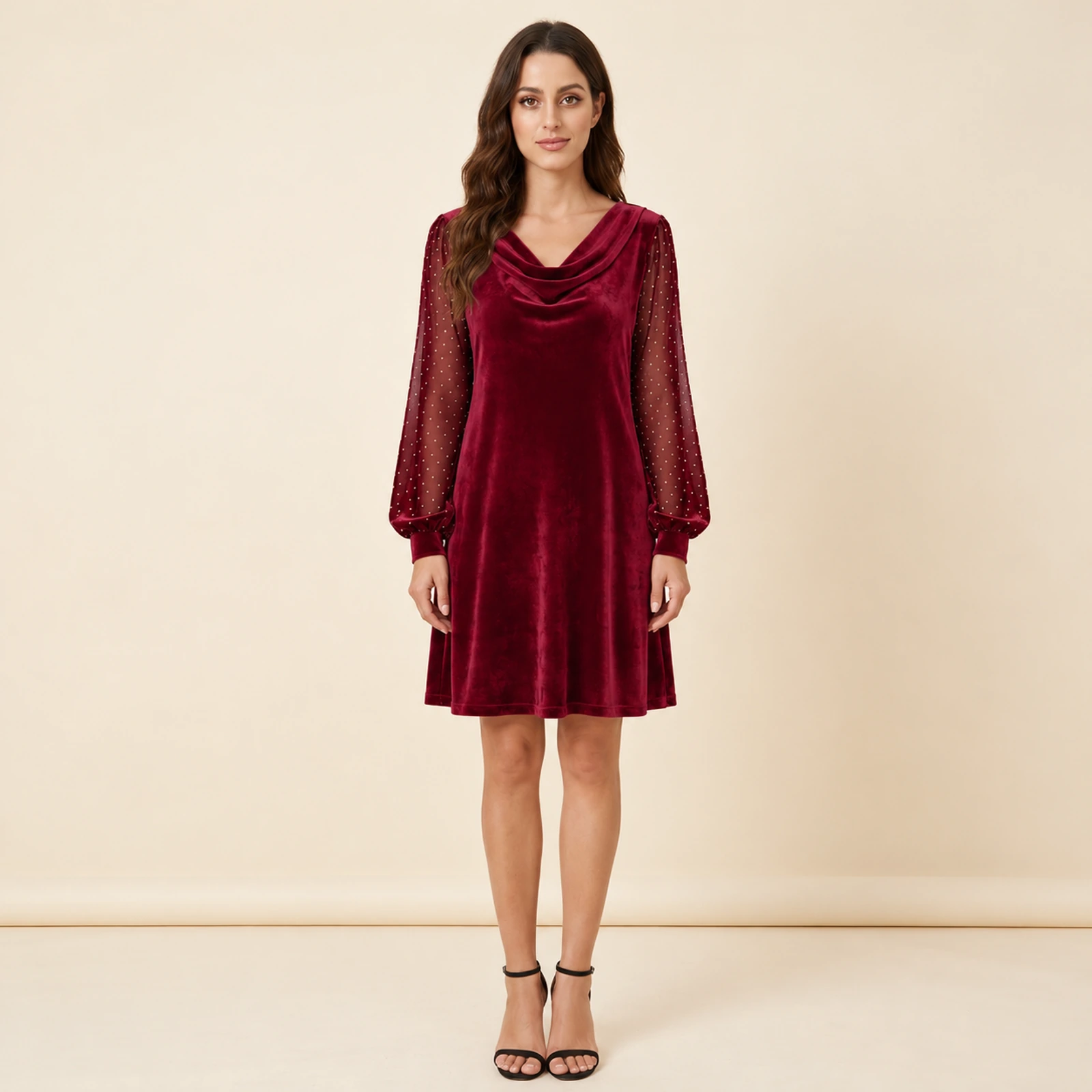 Elowyn Embellished Sleeve Mini Dress — Burgundy, view 1