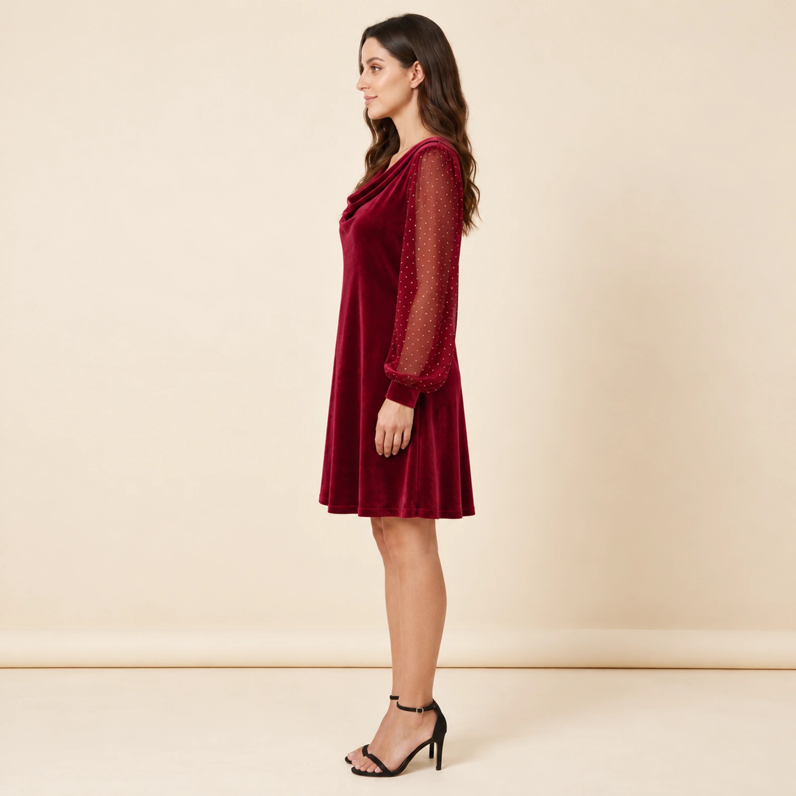 Elowyn Embellished Sleeve Mini Dress — Burgundy, view 3
