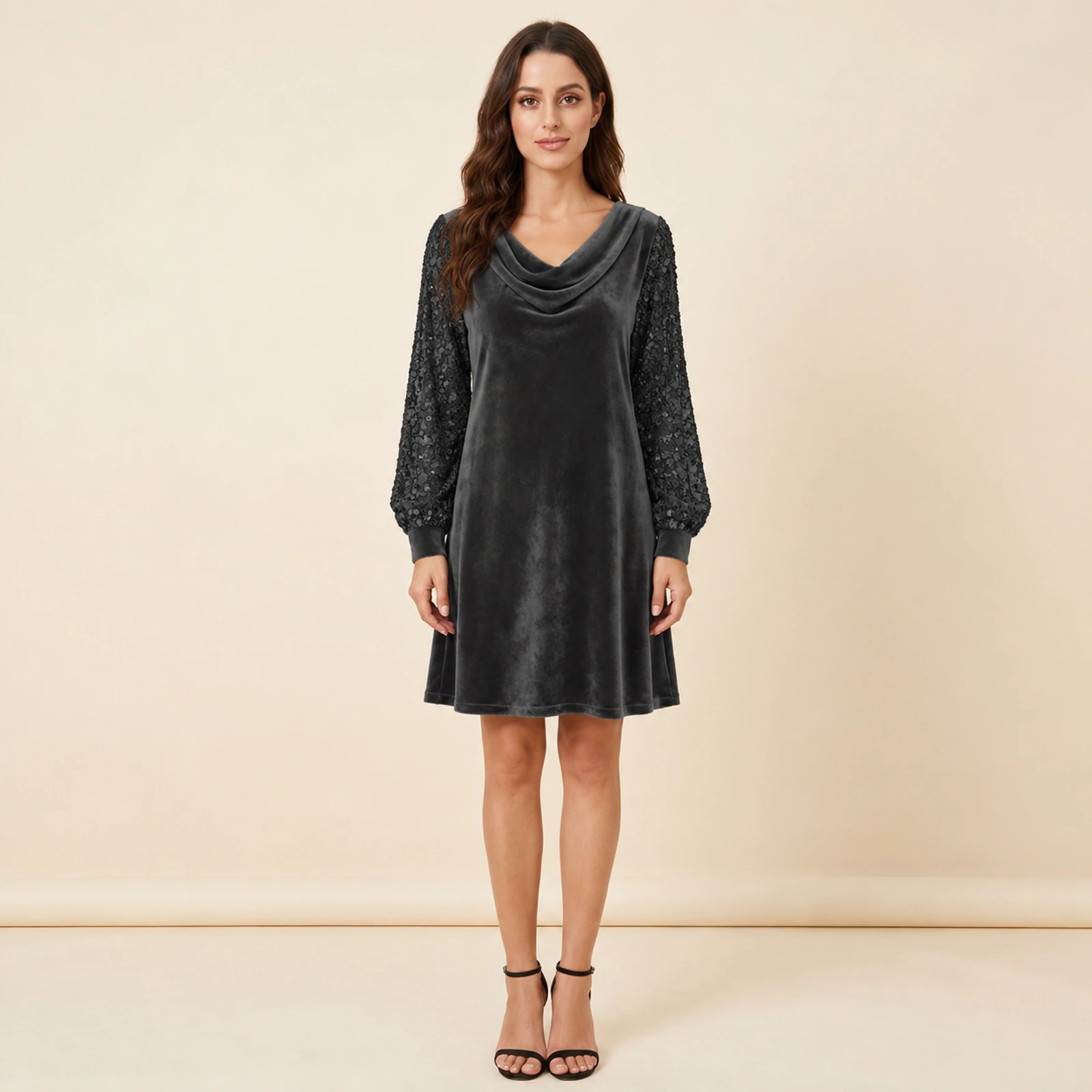 Elowyn Embellished Sleeve Mini Dress — Charcoal, view 1