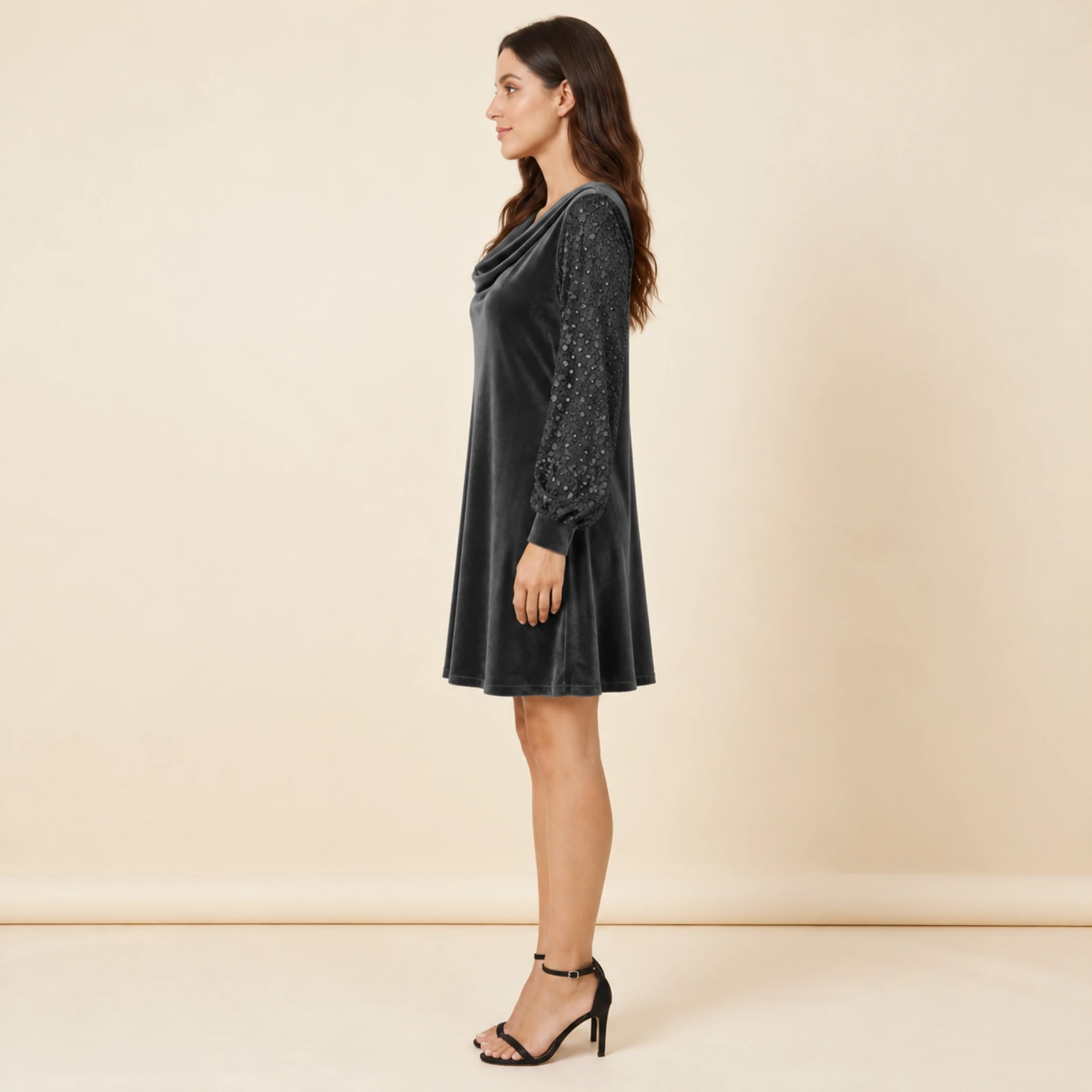 Elowyn Embellished Sleeve Mini Dress — Charcoal, view 3