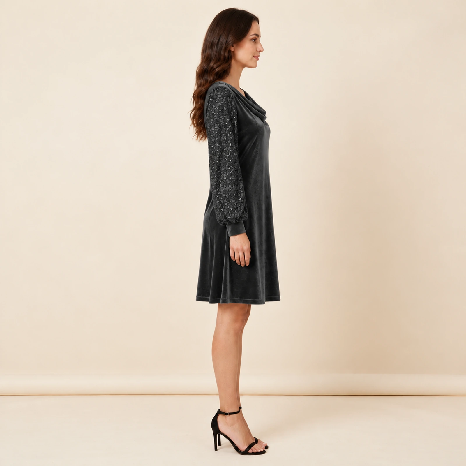 Elowyn Embellished Sleeve Mini Dress — Charcoal, view 4