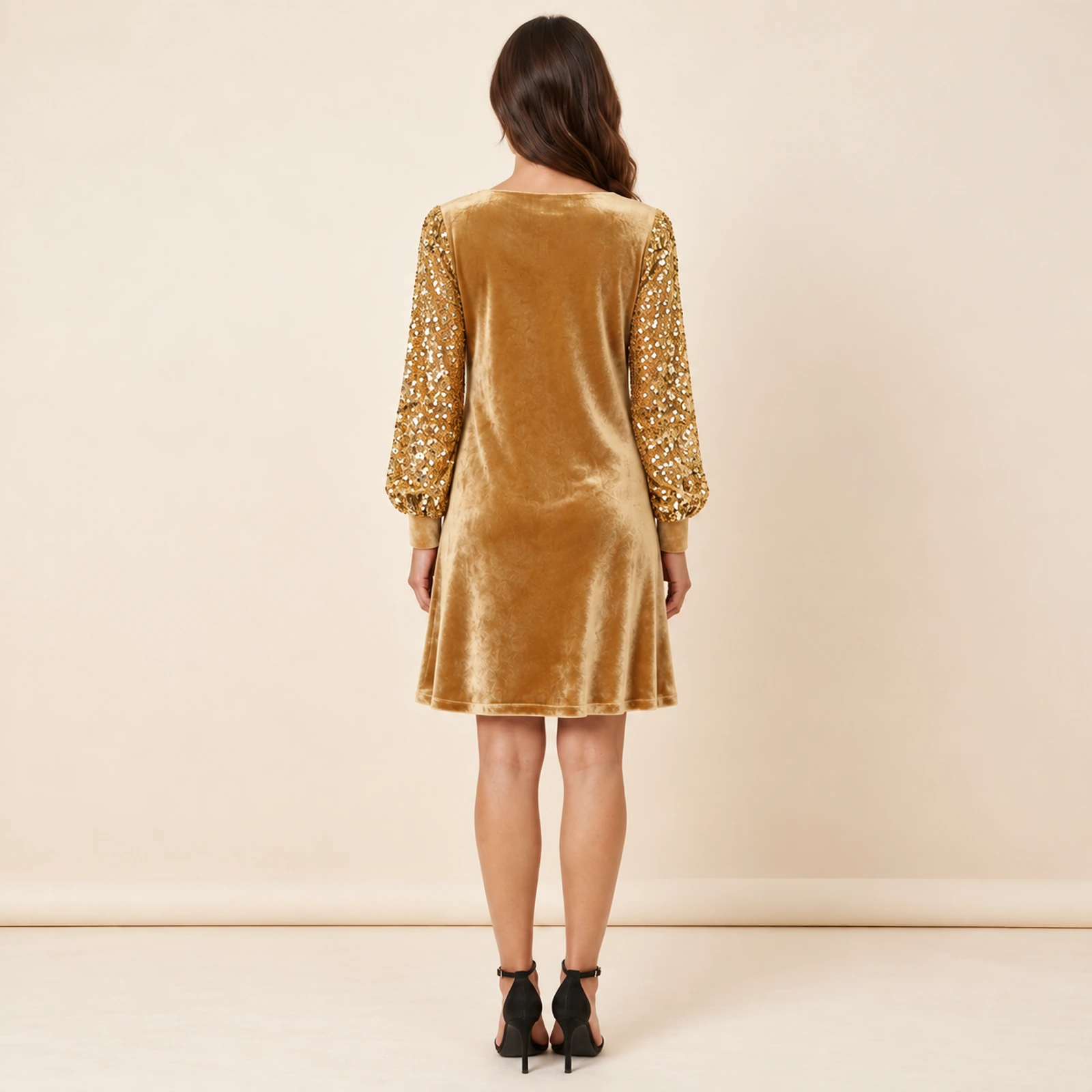 Elowyn Embellished Sleeve Mini Dress — Gold, view 2