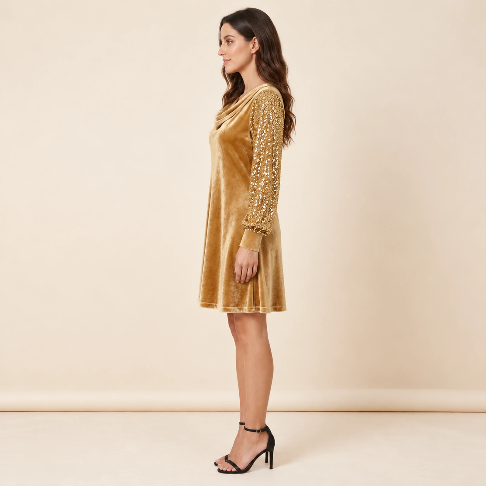 Elowyn Embellished Sleeve Mini Dress — Gold, view 3