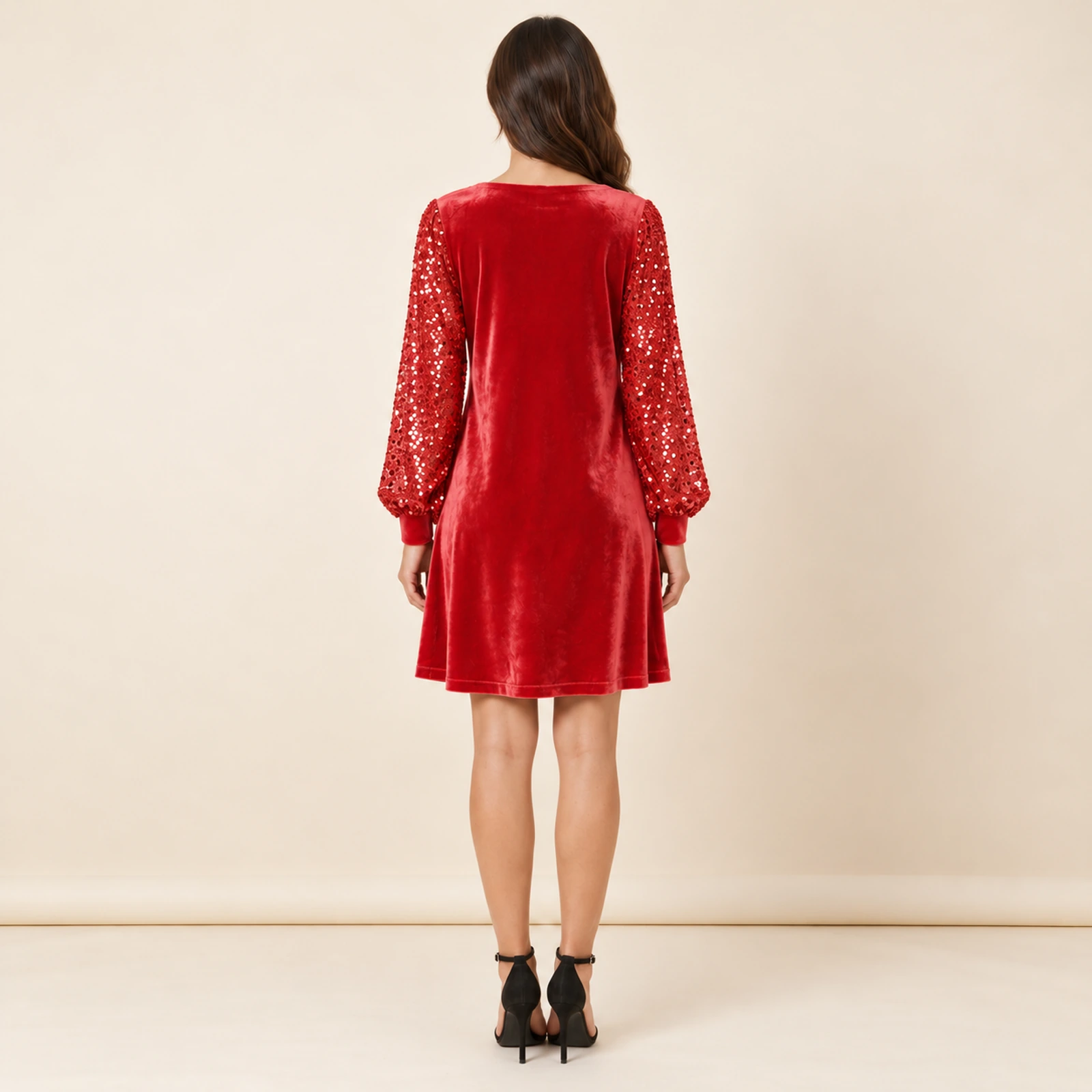 Elowyn Embellished Sleeve Mini Dress — Red, view 2