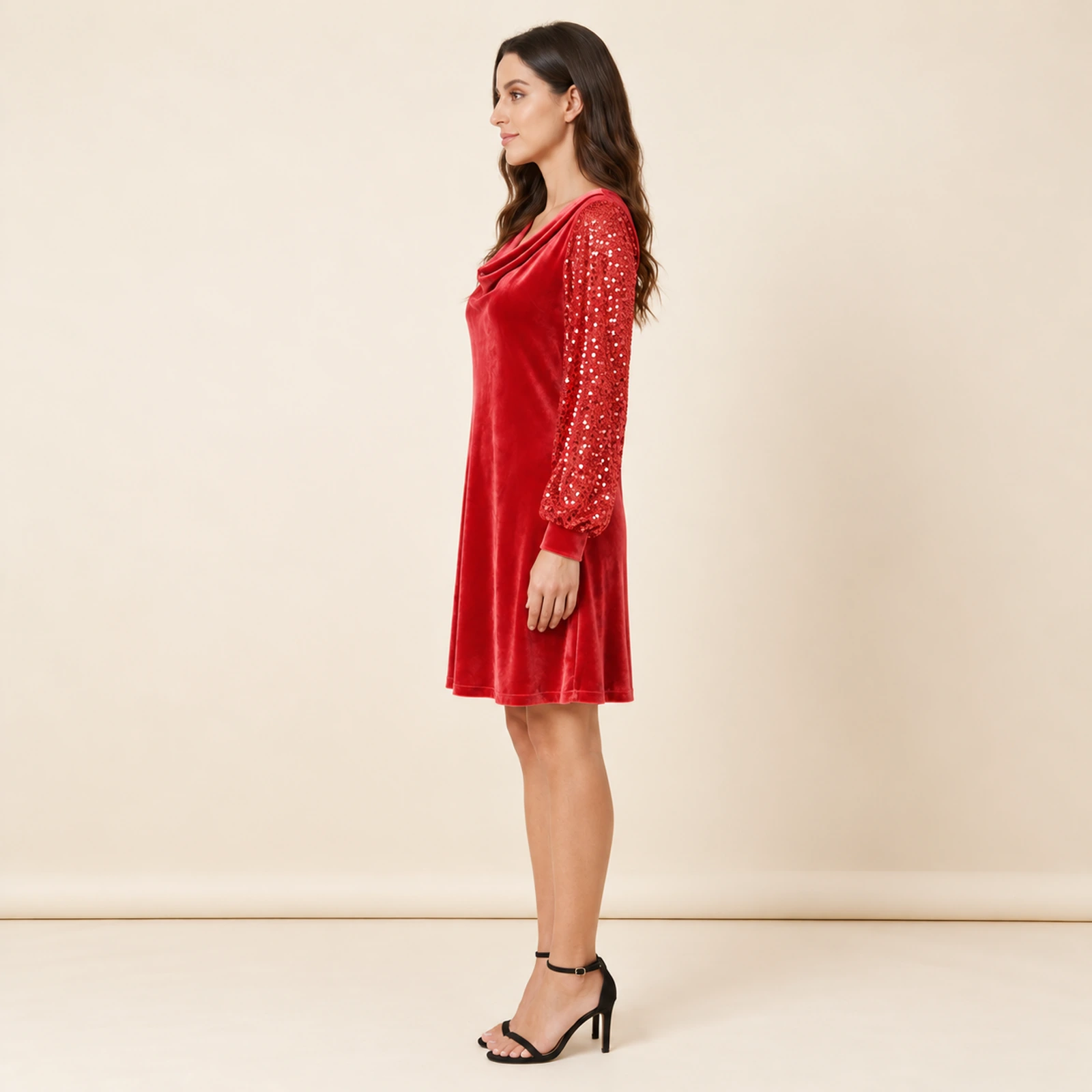 Elowyn Embellished Sleeve Mini Dress — Red, view 3