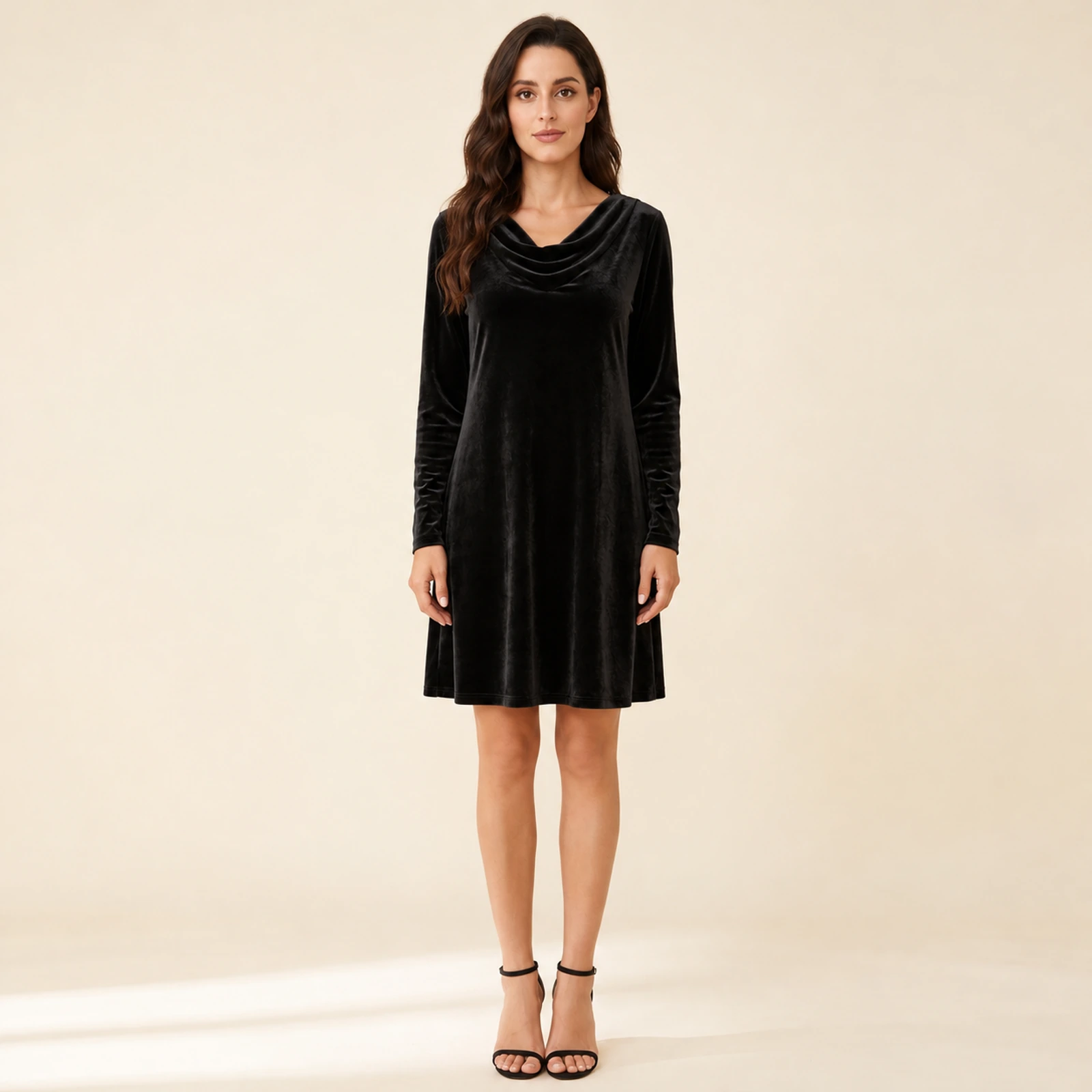 Evelisse Cowl Neck Velvet Mini Dress — Black, view 1