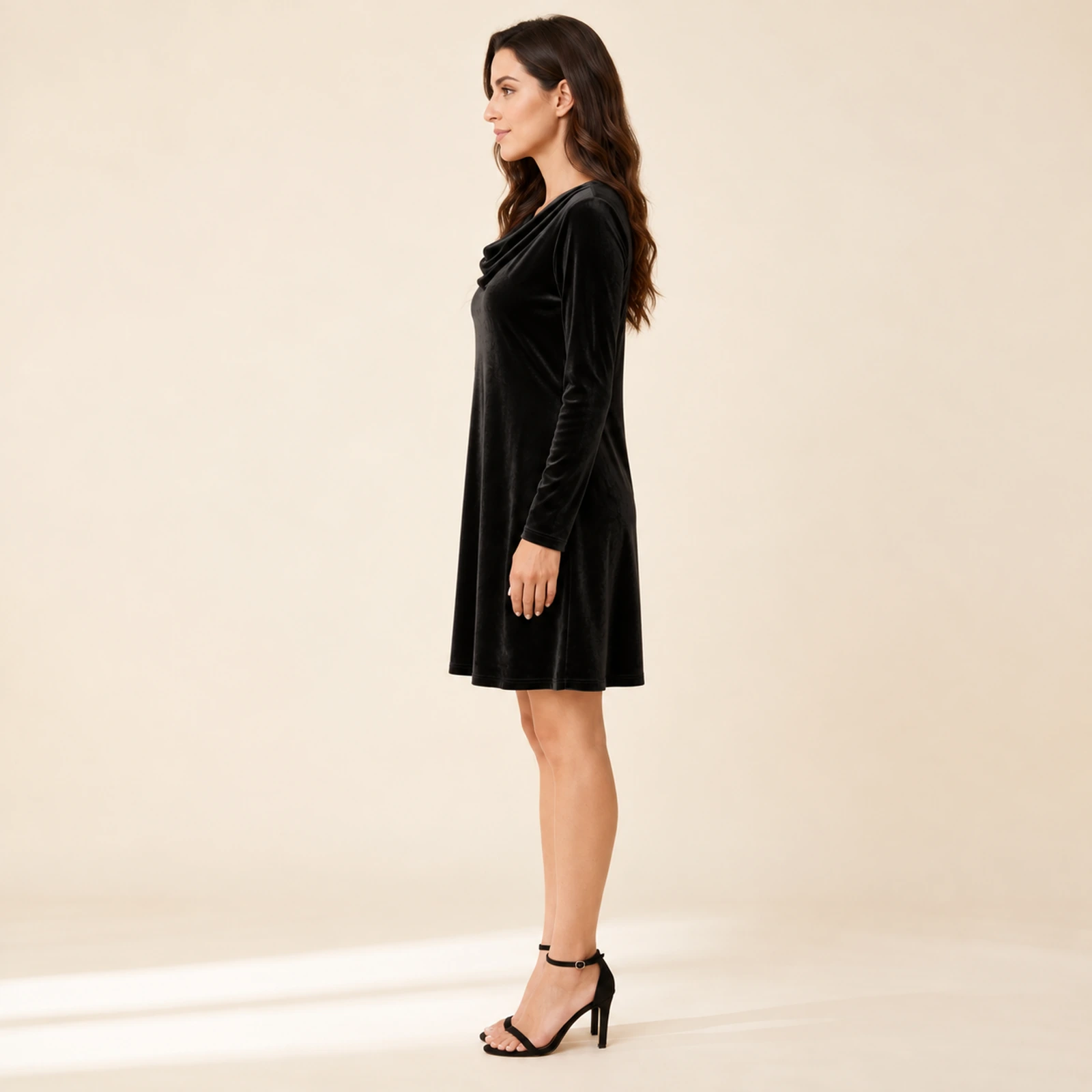 Evelisse Cowl Neck Velvet Mini Dress — Black, view 3