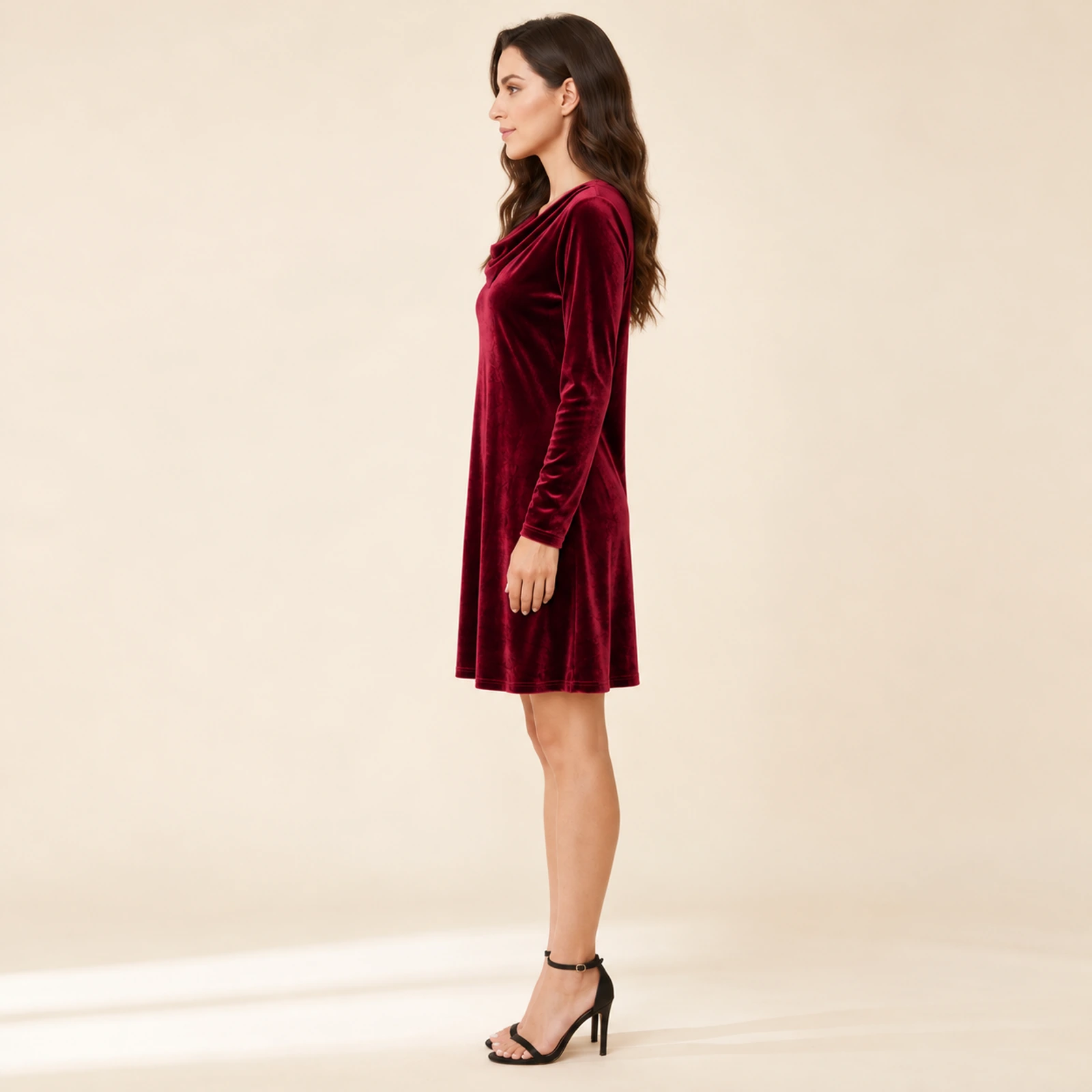 Evelisse Cowl Neck Velvet Mini Dress — Burgundy, view 3